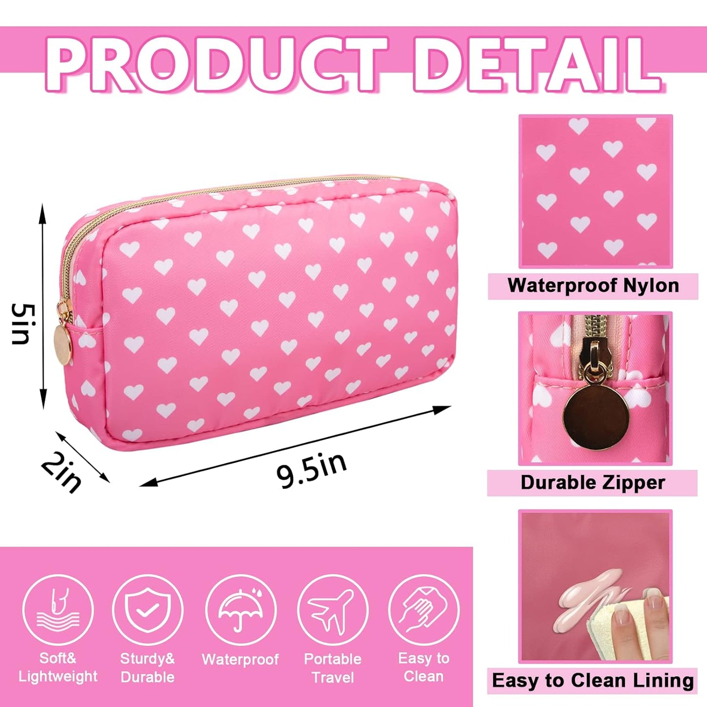 Small Makeup Pouch for Purse，Nylon Travel Toiletry Storage Cute Preppy Cosmetic Bag for Women Girls，Waterproof Makeup Organizer Pouch Skincare Purse with Zipper (Small-Pink Heart)
