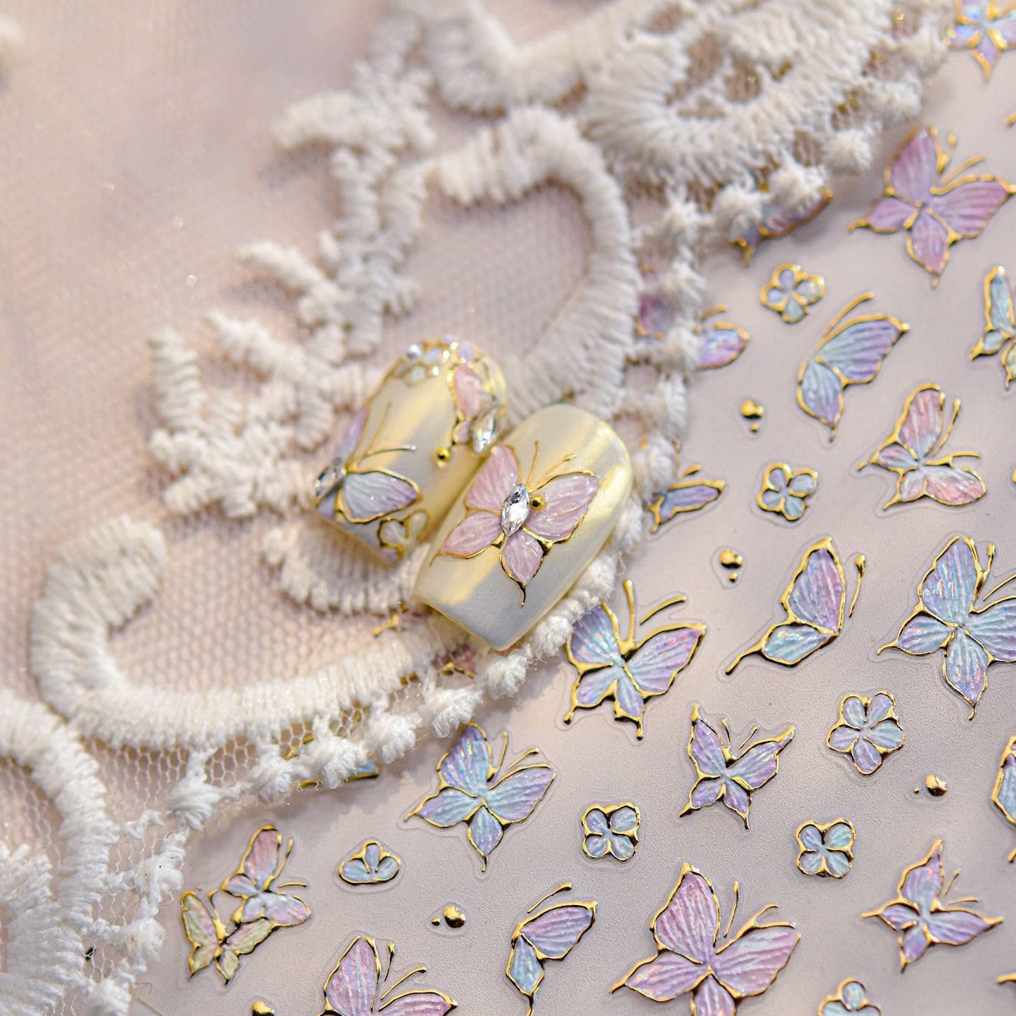 Colorful Butterfly Nail Art Stickers Glitter Sparkly Butterfly Nail Stickers 5D Embossed Nail Decals Accessories Gold Edge Metal Butterfly Nail Art Supplies for Women DIY Decorations