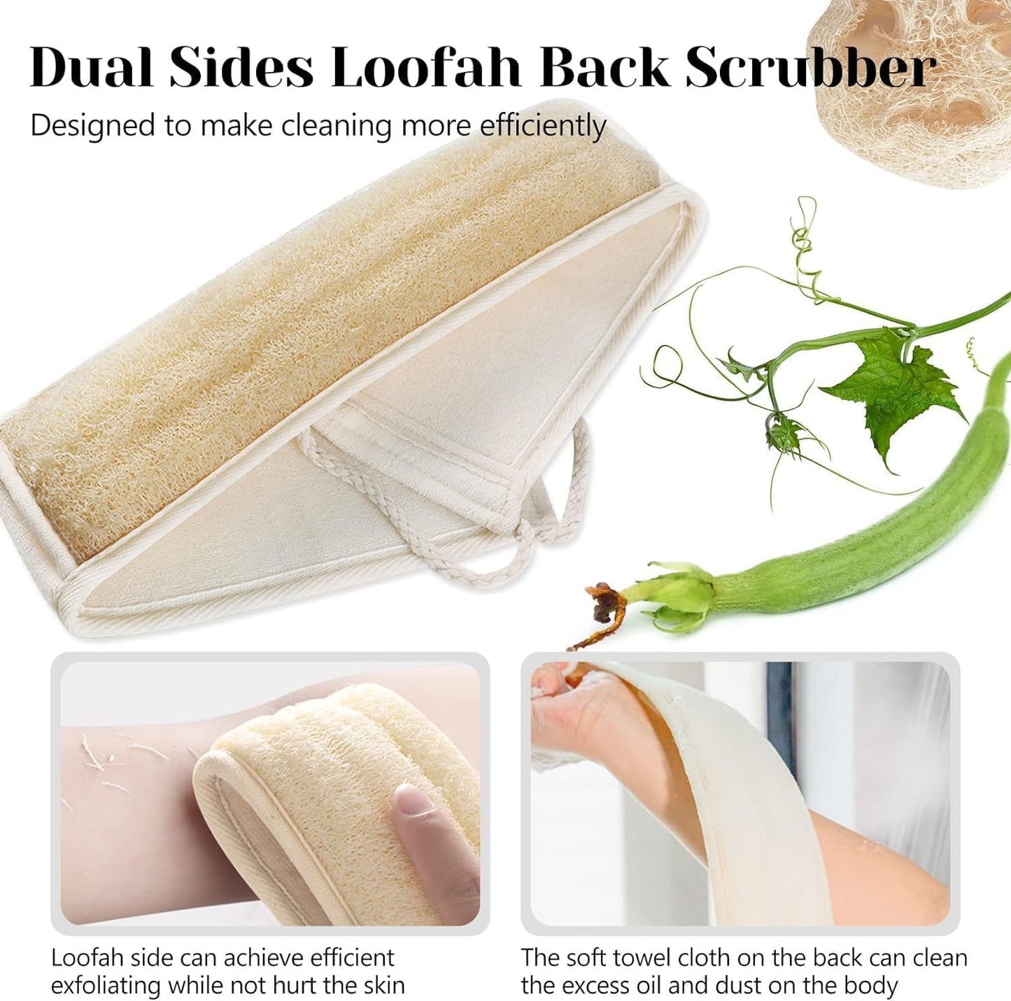 Inmorven Natural Loofah Exfoliating Back Scrubber for Shower Set (40 inch), Loofah for Men Women Sponge Pads & Body Sponge Scrubber, Deep Clean & Invigorate Your Skin, Beige