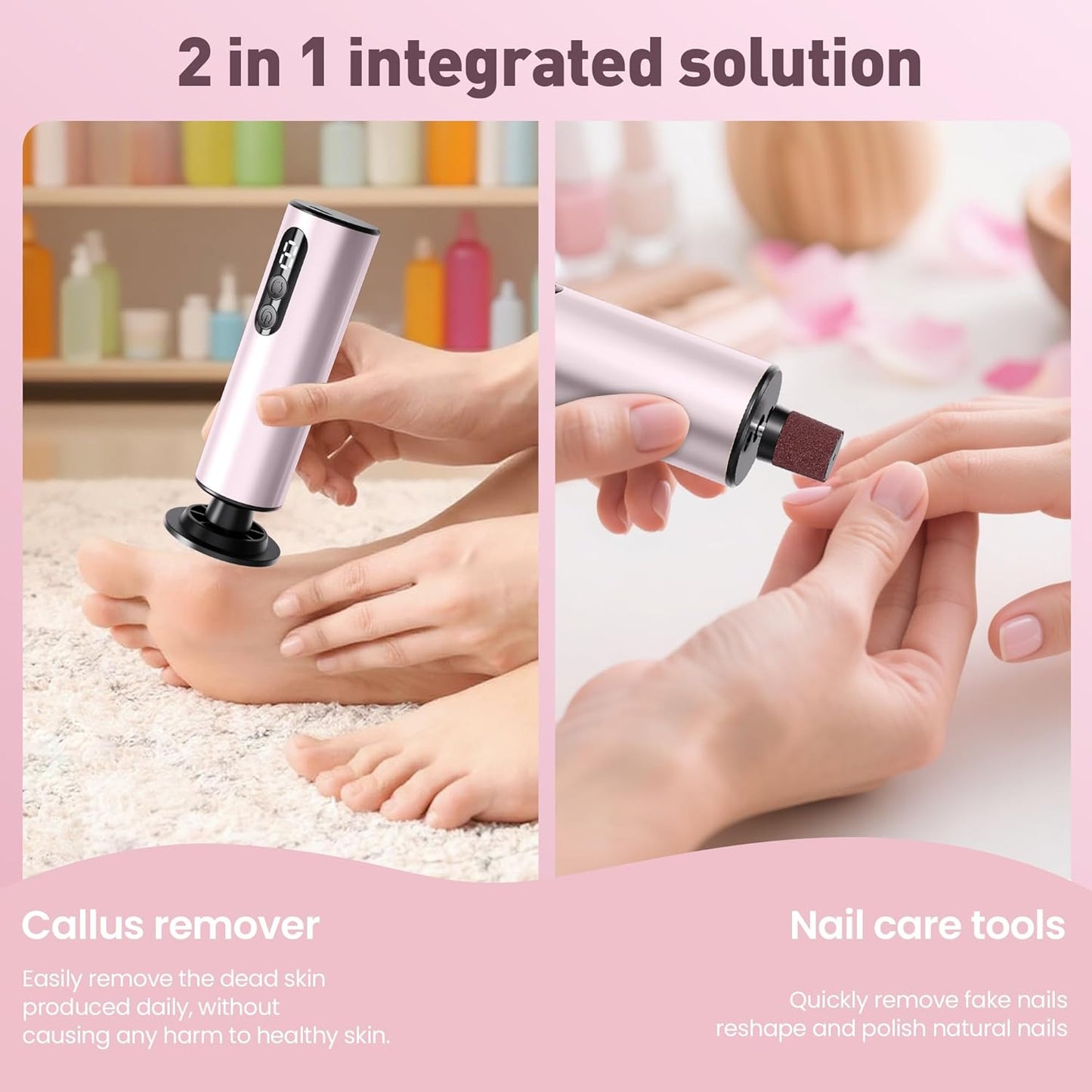 Electric Foot Callus Remover,2 in1 Rechargeable Callus Remover for Feet,9-Speed Wireless Electric Foot File Nail Grinder,Foot Scrubber Pedicure Tools for Dead Skin Dry Cracked Feet(Pink MINI)