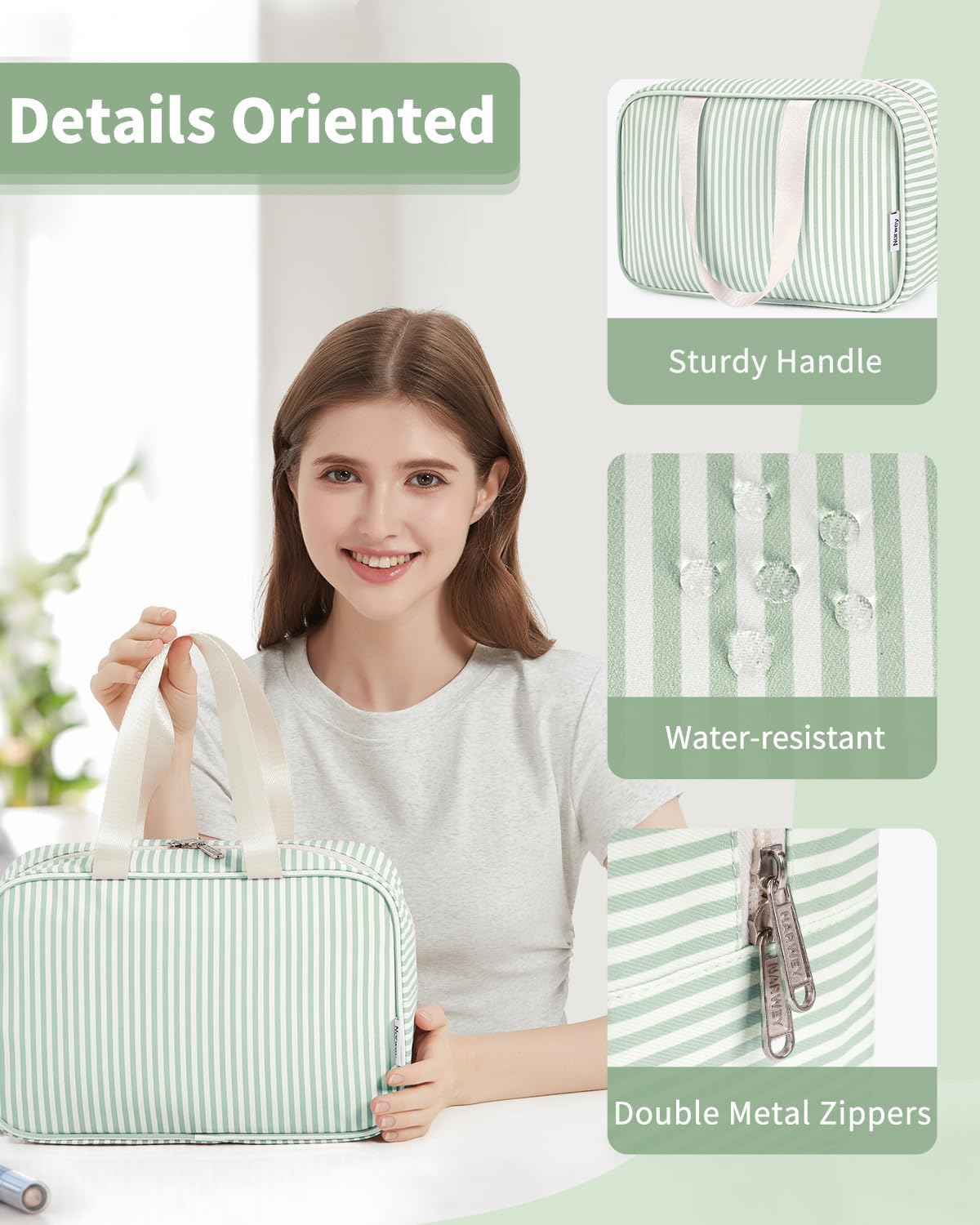 Full Size Toiletry Bag Women Large Cosmetic Bag Travel Makeup Bag Organizer Medicine Bag for Toiletries Essentials Accessories (Mint Green Stripe, Large)