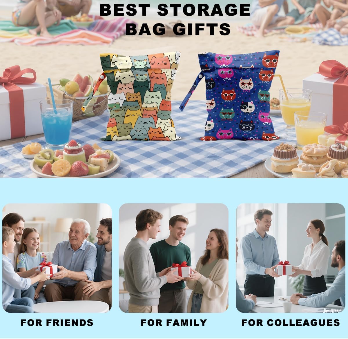 2Pcs Cat Wet Bag 12x10 Inch, Funny Cats Waterproof Reusable Wet Dry Bag, Washable Travel Laundry Bags for Swimsuit Pool Travel Beach Diapers Dirty Yoga Gym Clothes, Cat Gifts for Women Friend Family