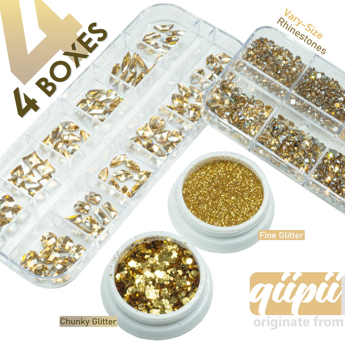 4 Boxes Champagne Gold Rhinestones and Glitters 24 Shapes K9 Glass Golden Gems Flatback Round Stones Diamonds Crystals Nail Art Charms Supplies for Nails Face Eyes Makeup Crafts Clothes Shoes