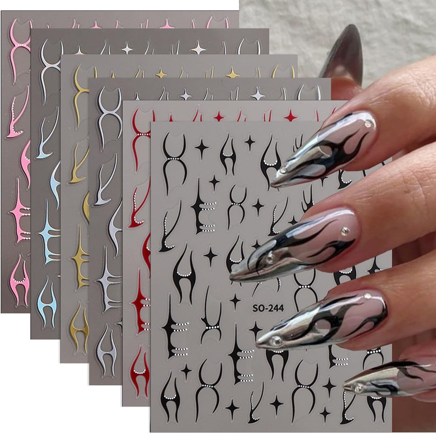 3D Nail Stickers Geometric Nail Art Stickers Fishbone Line Nail Decals Red Gold Black Silver White Irregular Line Mixed Star Design Gothic Nail Sticker for Nail Art Decor Manicure for Women 6Sheets