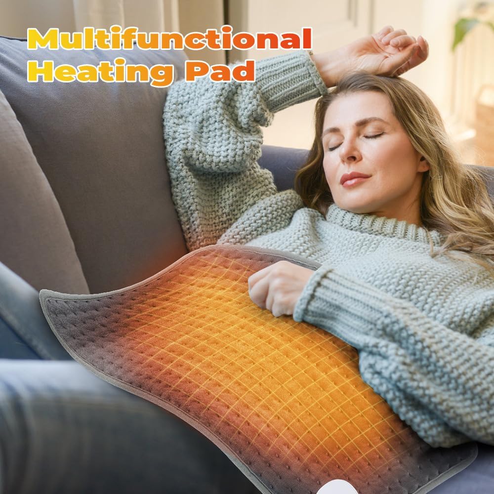 Heating Pad, Electric Heating Pad 24"X12" for Back Neck Shoulder Belly Heating Technology, Ultra-Soft Moist & Dry Therapy Heat Pad with 10 Temperature Settings 3 Timer, Automatic Switch-Off, Grey