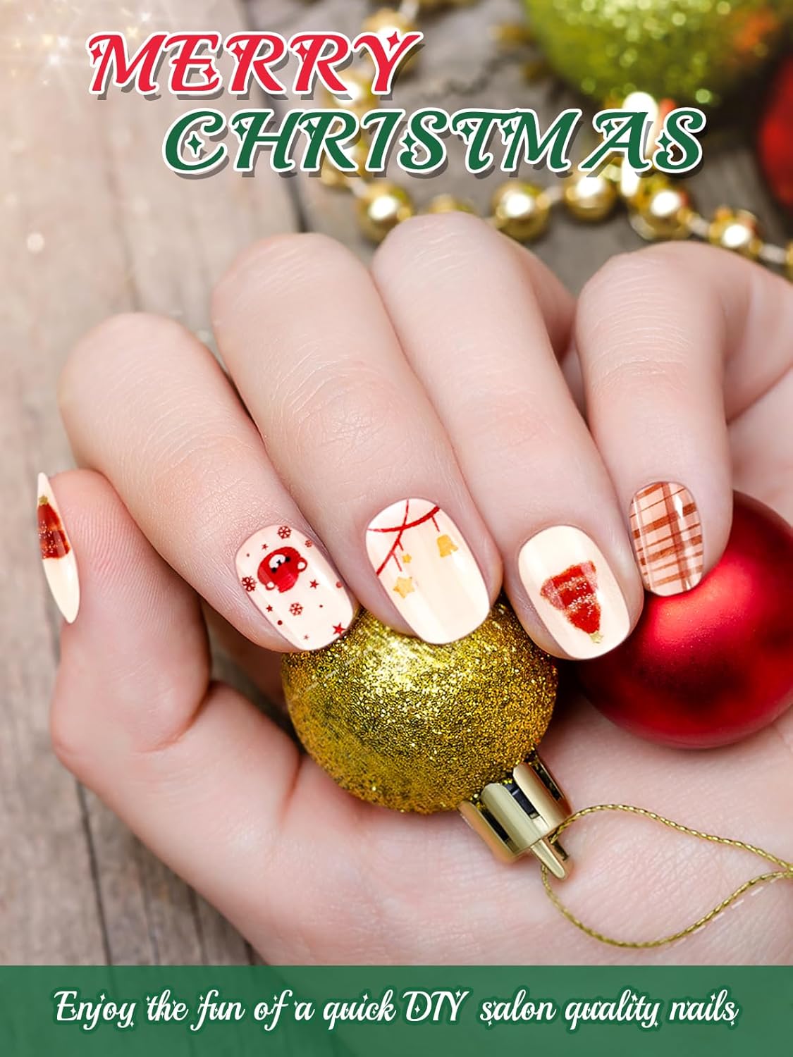 EBANKU 24PCS Christmas Semi-Cured Gel Nail Strips, Bear Snowflakes Adhesive Art Sticker, Waterproof Gel Nails Wrap Stickers with Nail File and Stick