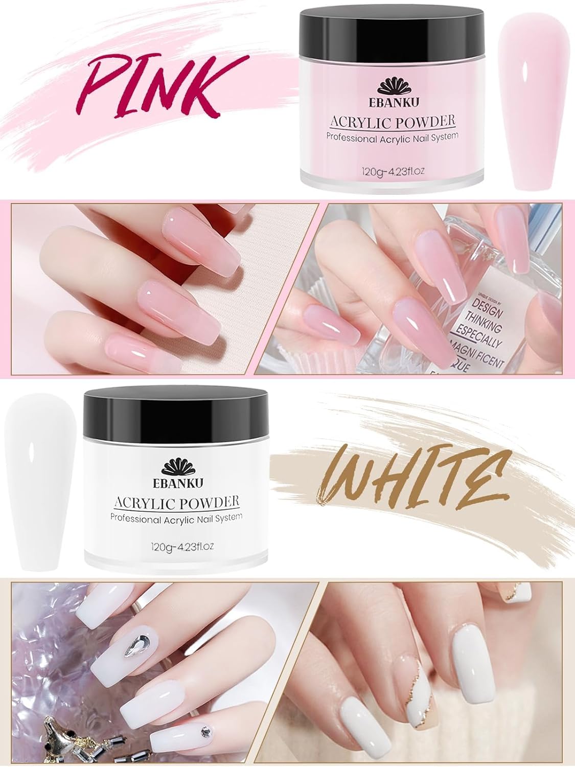 EBANKU 4 Colors Acrylic Powder Set Nude Pink White Clear Acrylic Nail Powder Acrylic Powder for Acrylic Nail Extension Nail Carving, Long-Lasting, No Nail Lamp Needed, Large Capacity 4.23oz*4