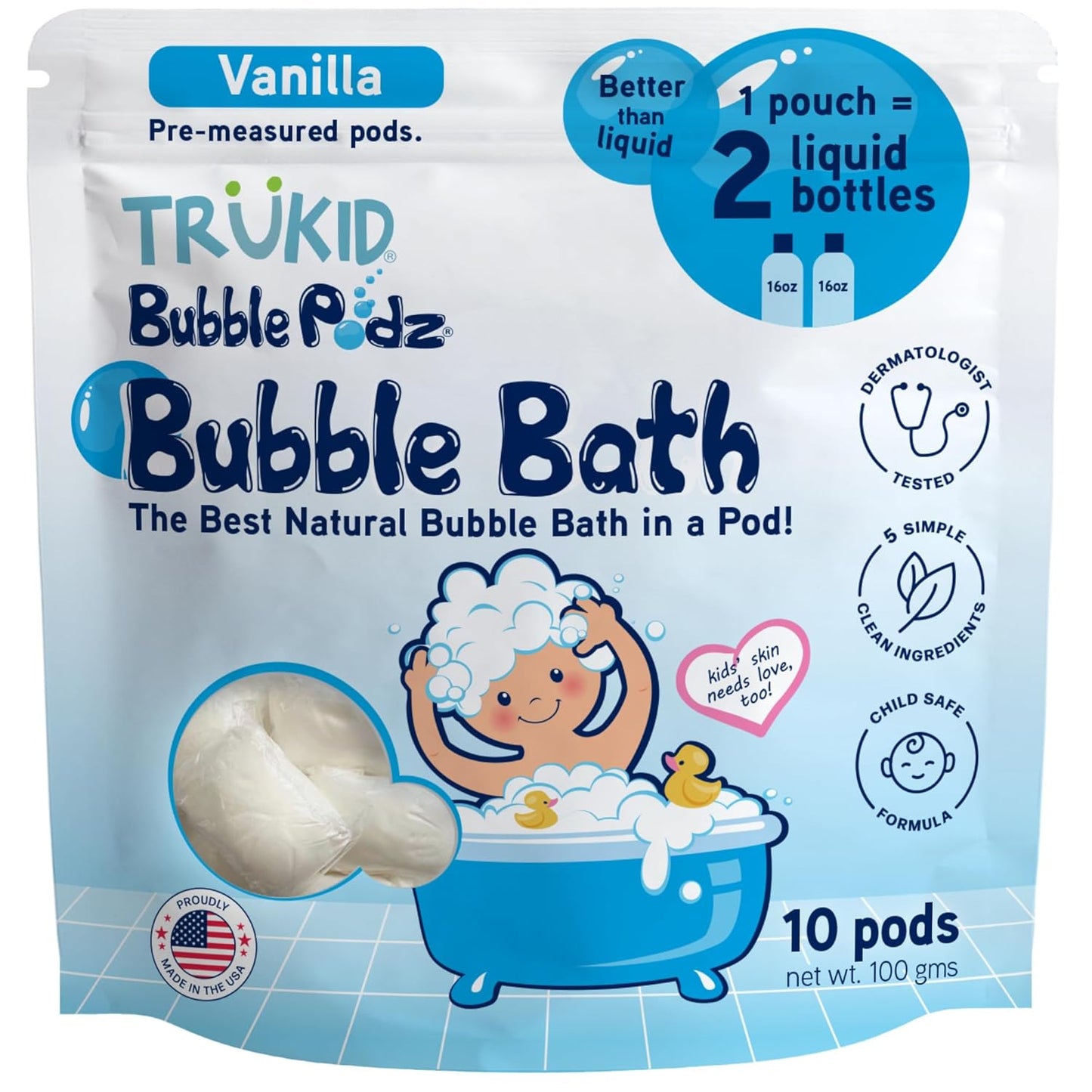 TruKid Bubble Podz Bubble Bath for Kids, Toddlers, & Babies, Tear Free Gentle & Refreshing Bath Bomb for Sensitive Skin with Natural Moisturizers, Non-Toxic, pH Balanced, Vanilla Scent (10 Podz)