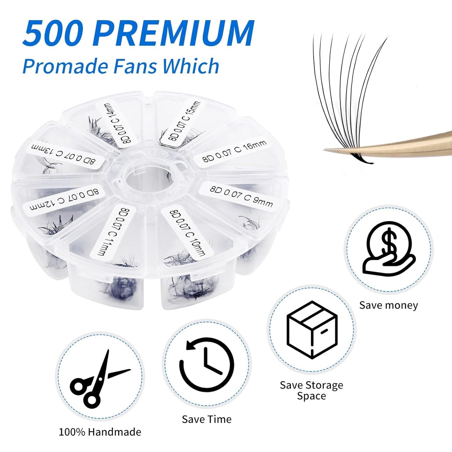 Pre-made Fans for Eyelash Extension 500+8D D Curl Handmade Loose Volume Lashes9-16mm