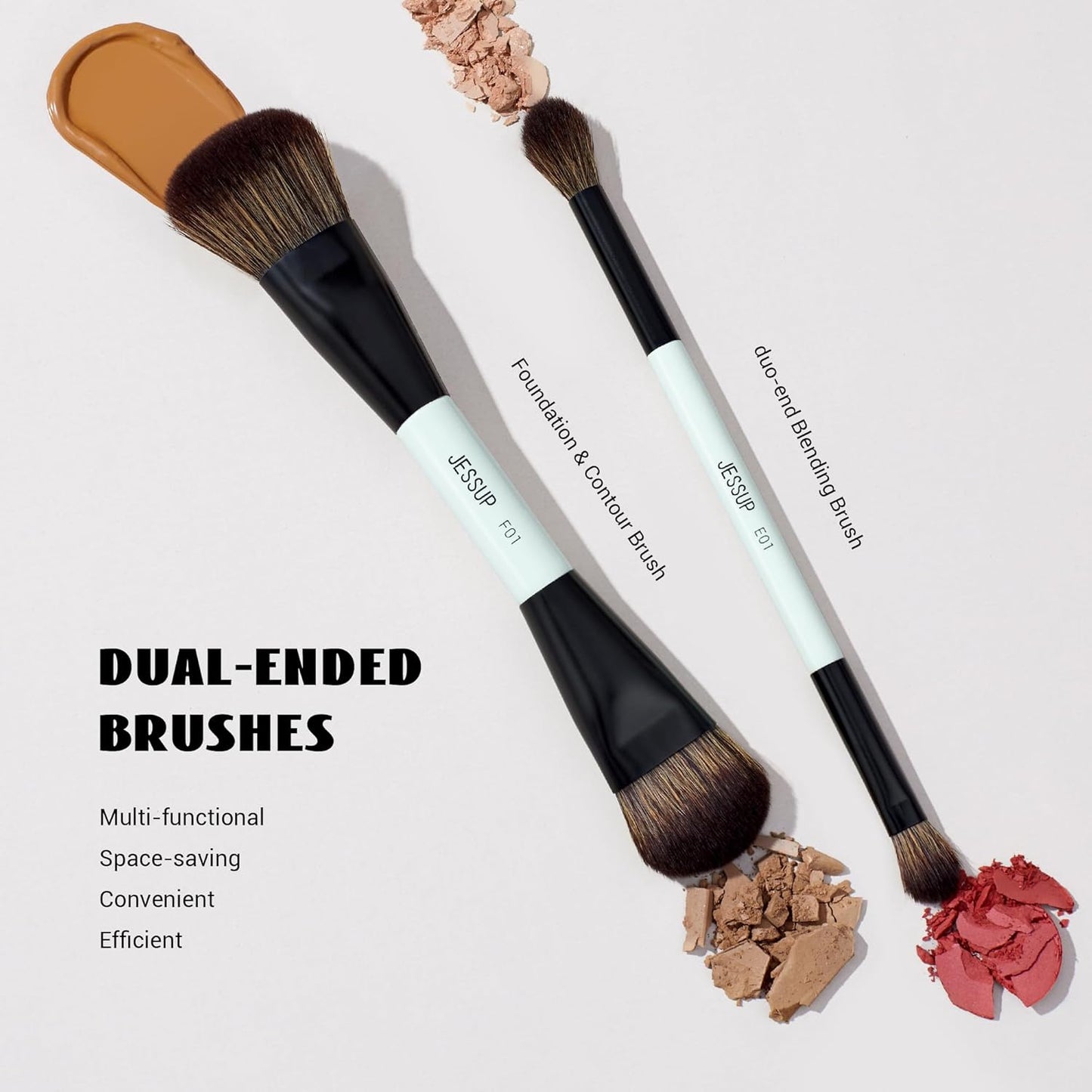 Jessup Makeup Brushes 2pcs Double Sided Foundation Brush Contour Brush Dual Ended Eye Blending Brush, Multi-functional Cosmetic Brush Bright Cyan T502