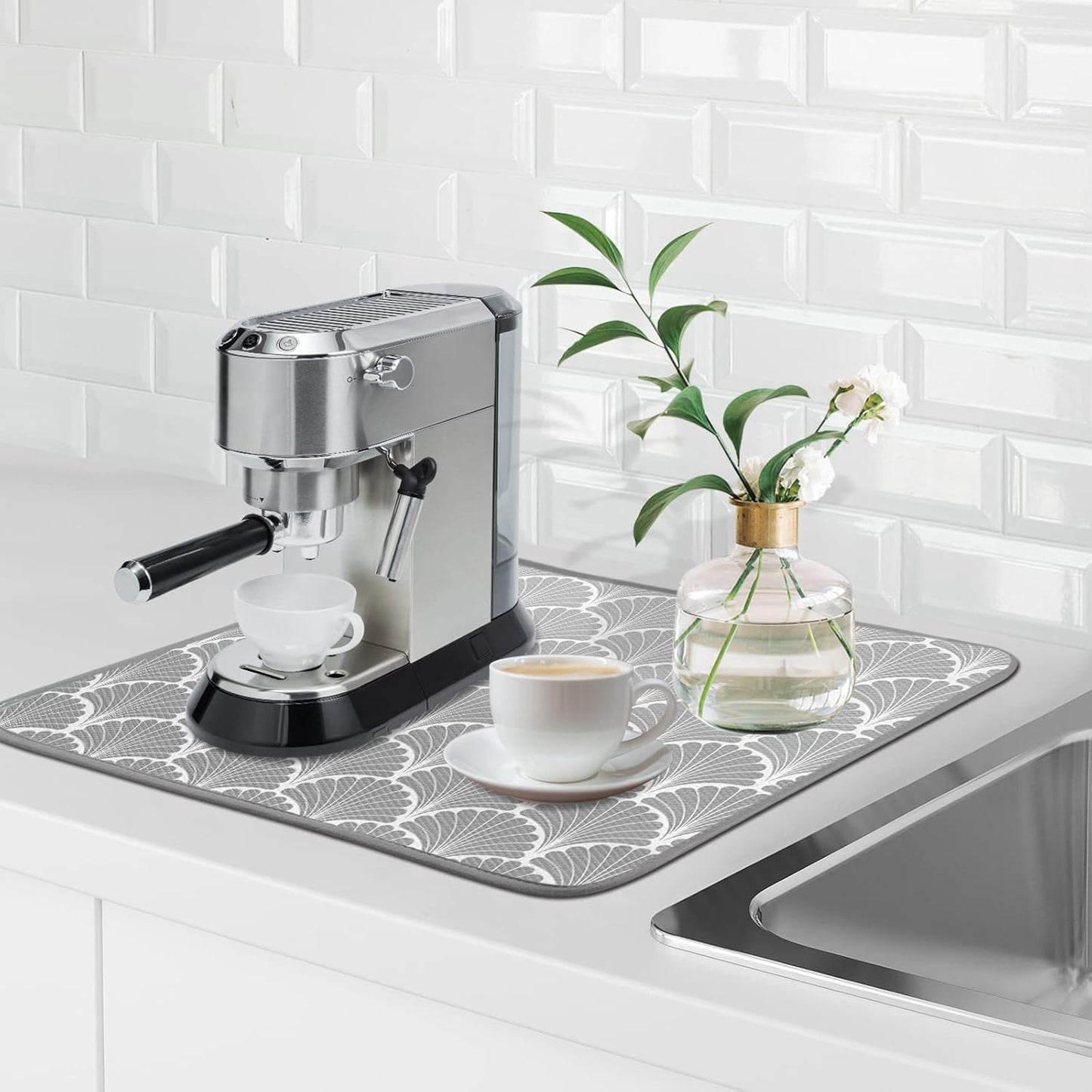 SHIYUE Dish Drying Mat for Kitchen Counter Super Absorbent Spring Kitchen Decor Microfiber Drying Matainers Rack Fast Pad Dish Drainer Mats(Grey Shell Geometric,16''x18'')