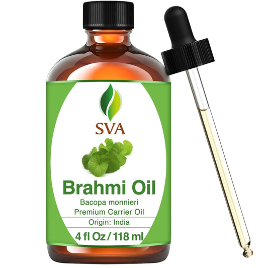 SVA Brahmi Oil - 4 Fl Oz – 100% Natural Cold Pressed Brahmi Oil - for Face, Skin Care, Hair Care, Scalp Massage & Body Massage – Carrier Oil with Dropper