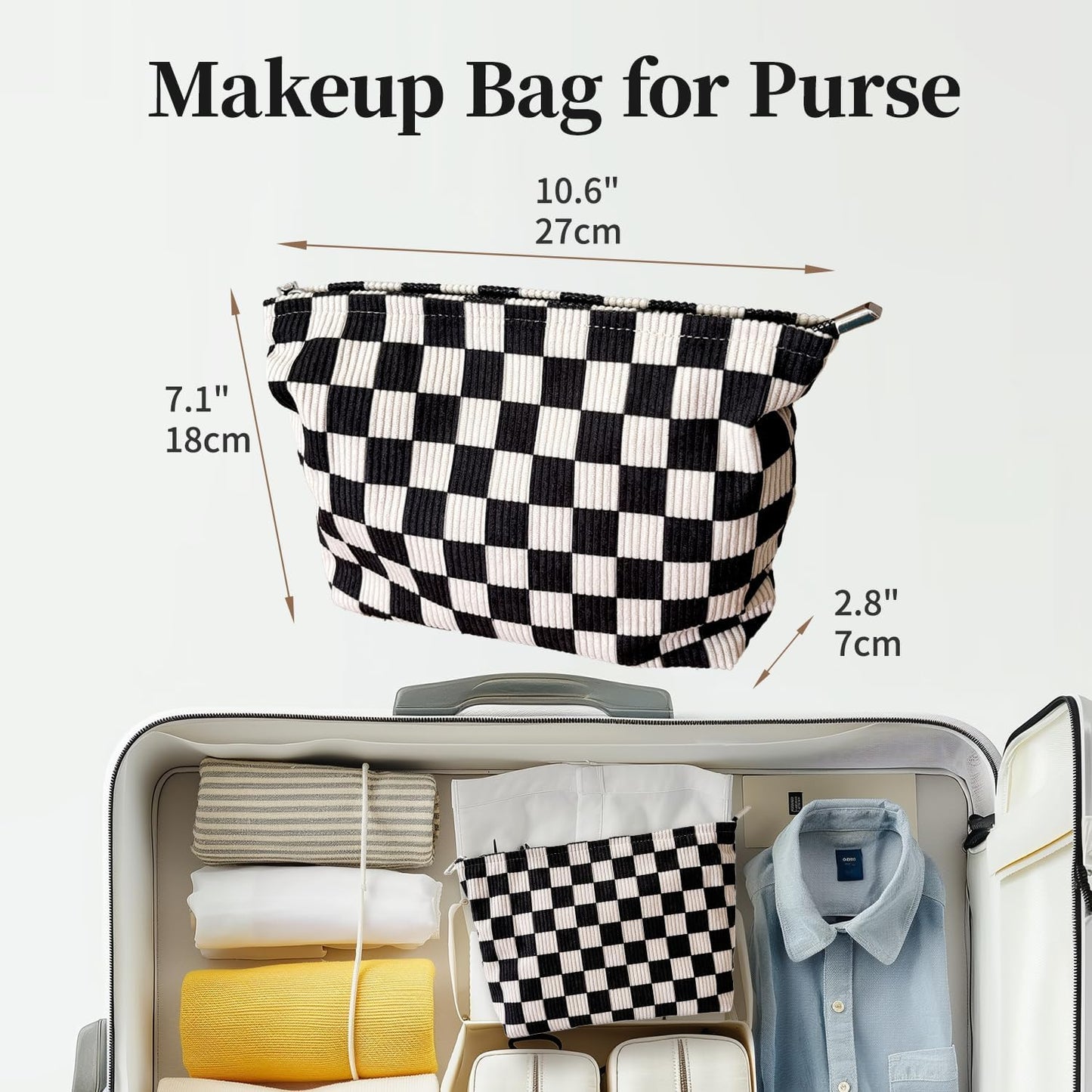 Checkered Corduroy Makeup Bag for Women, Black and White Gingham Cosmetic Bag with Zipper, Corduroy Travel Toiletry Bag, Sunscreen Sunblock Spf Bag, Hygiene Medicine Pouch,Organizer for Purse