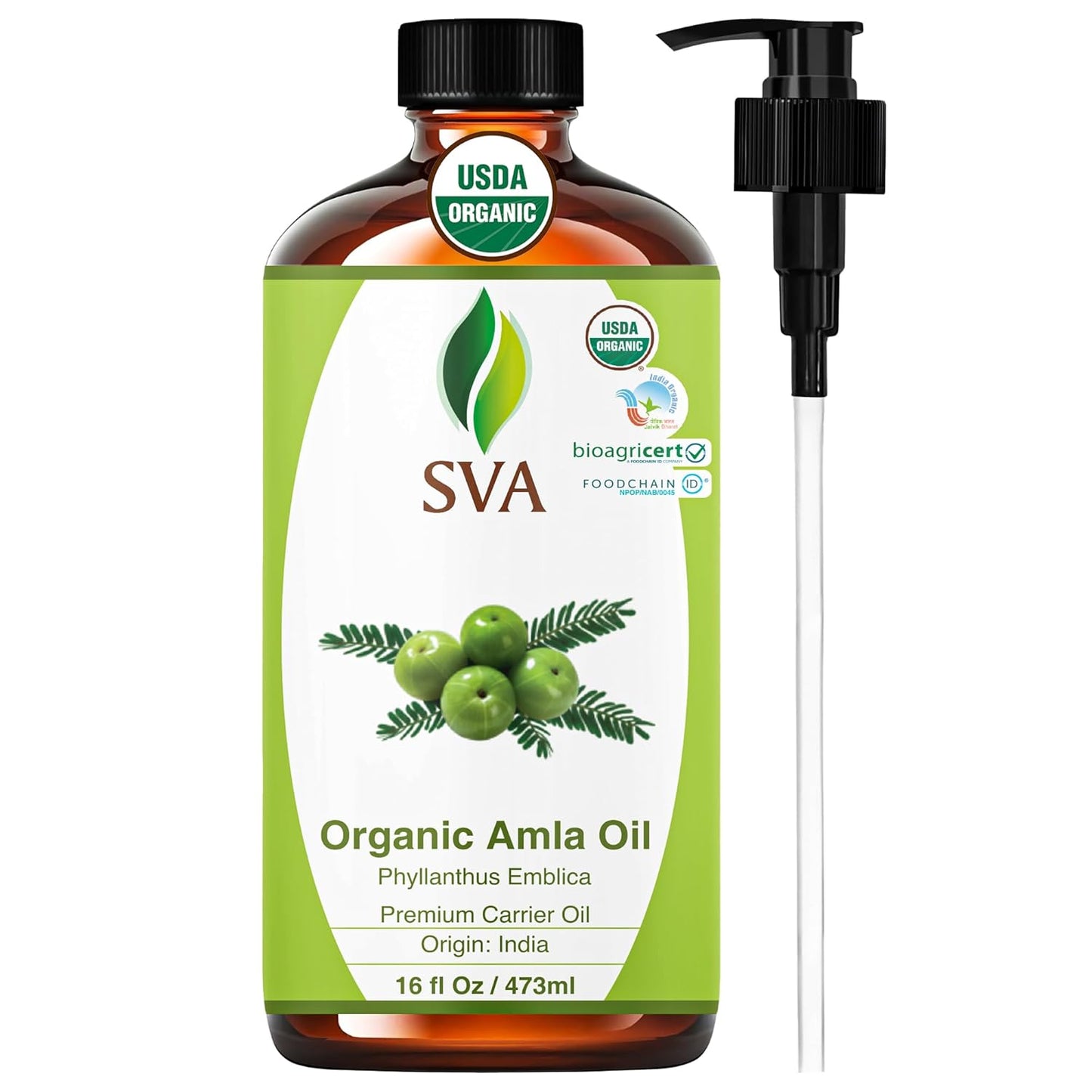 SVA Amla Oil Organic - 16 Fl Oz – 100% Natural Cold Pressed Organic Amla - for Face, Skin Care, Hair Care, Scalp Massage & Body Massage – Carrier Oil