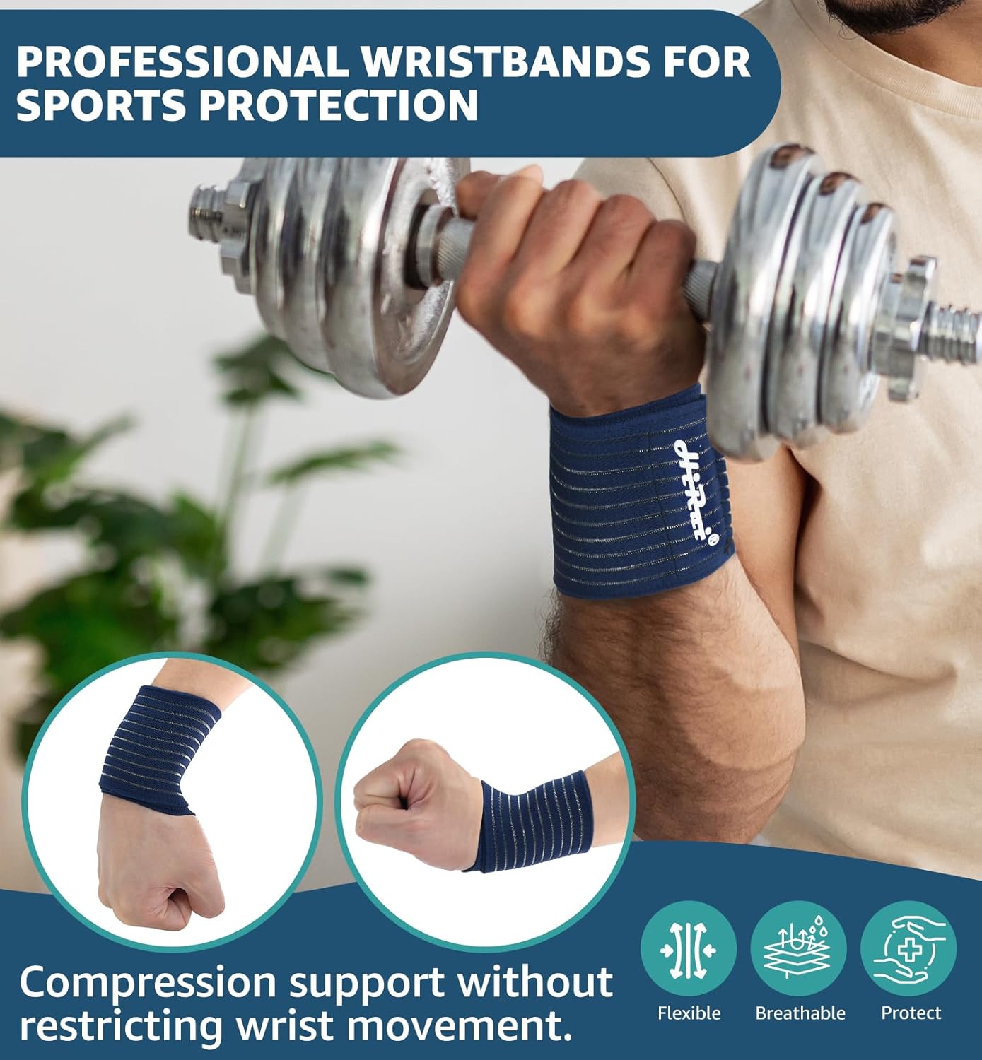 HiRui 2-Pack High-Elastic Wrist Support Straps Wrist Compression Bandage - Wrist Wraps Wristbands for Carpal Tunnel Arthritis Tendonitis Weightlifting Tennis Basketball - Breathable Soft (Navy Blue)