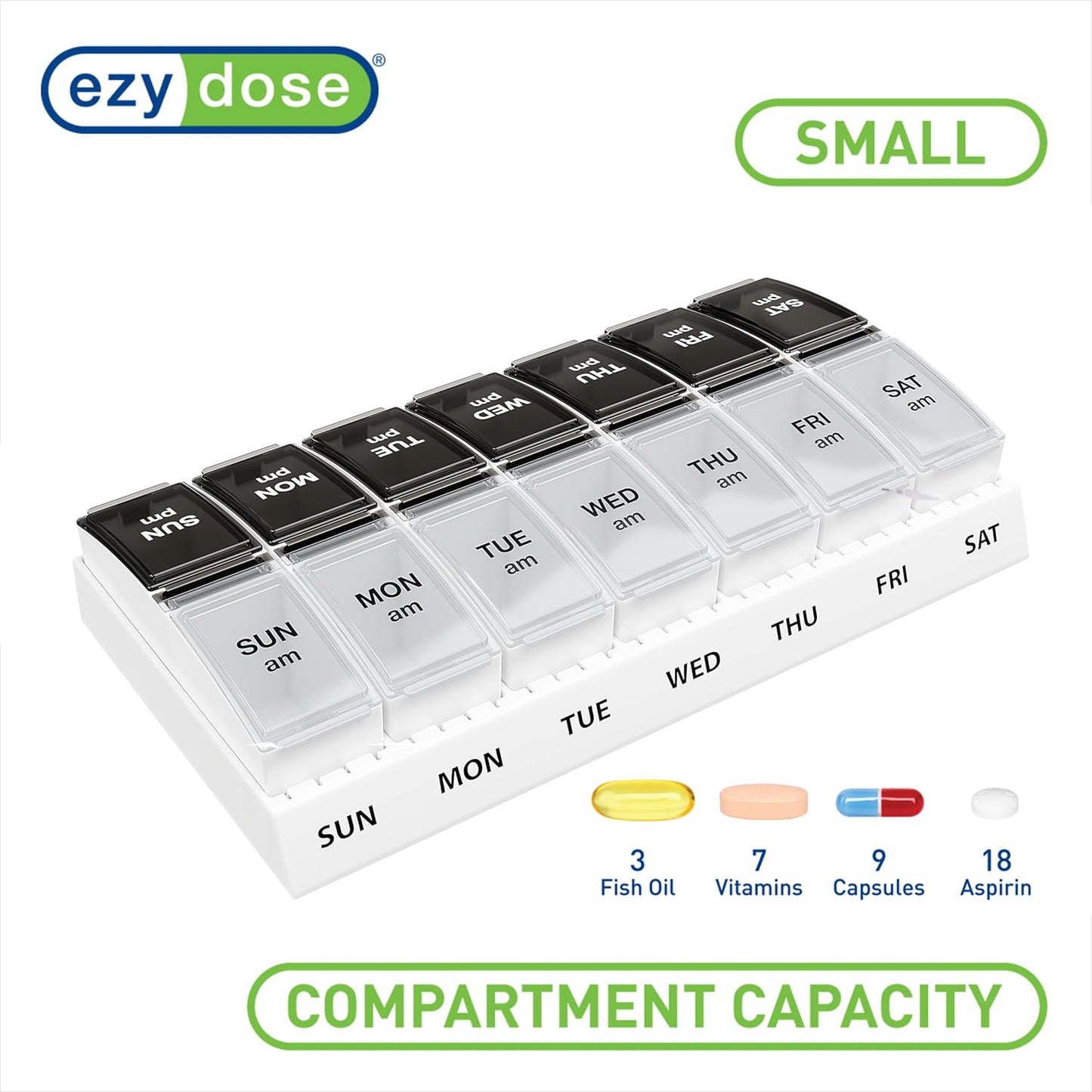 EZY DOSE Weekly (7-Day) Daily AM/PM Pill Case, Medicine Planner, Vitamin Organizer, Supplement Container, Small Pop-out Compartments, Designed for Travel, 2 Times a Day, Black and Clear Lids