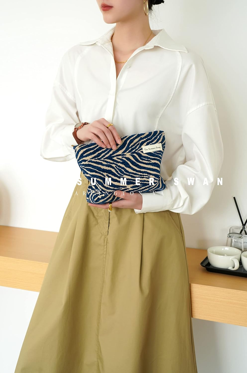 The Summer Swan | Large Aesthetic Floral Mid-day Clutch Period Kit Hygiene Skincare Cute Makeup Bag (Velvet Zebra Print Navy)