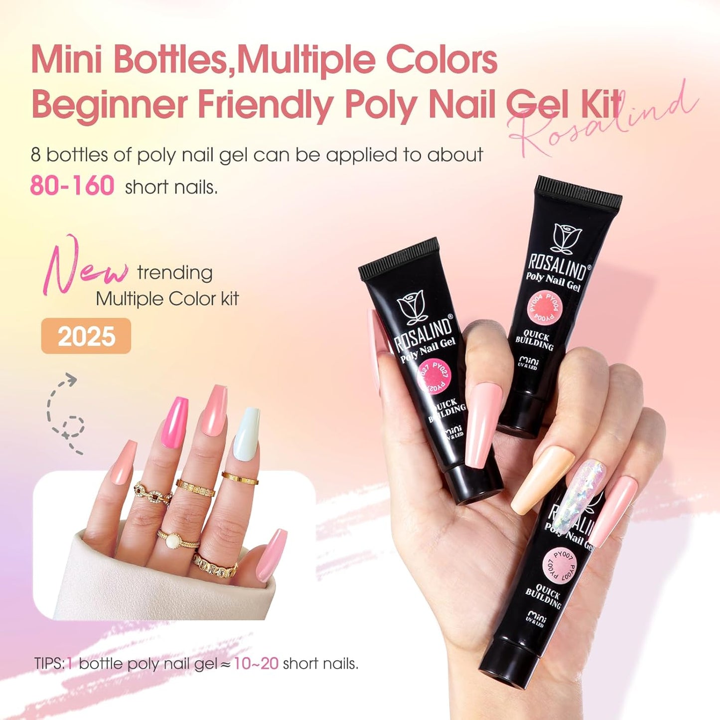 ROSALIND 8PCS Poly Nail Gel Kit with Mini Nail Lamp Clear Nude Purple Brown Poly Extension Gel Kit Mini Starter Kit
