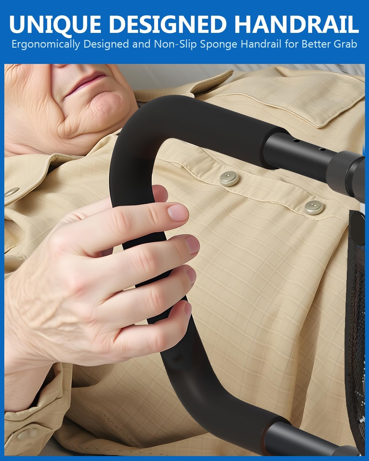 Bed Rails for Elderly Adults Seniors Adjustable Height Foldable Safety Rail with 400 Lbs Capacity Non-Slip Handle, Night Light, Fall Prevention Grab Bar for King Queen Full Twin Beds Black