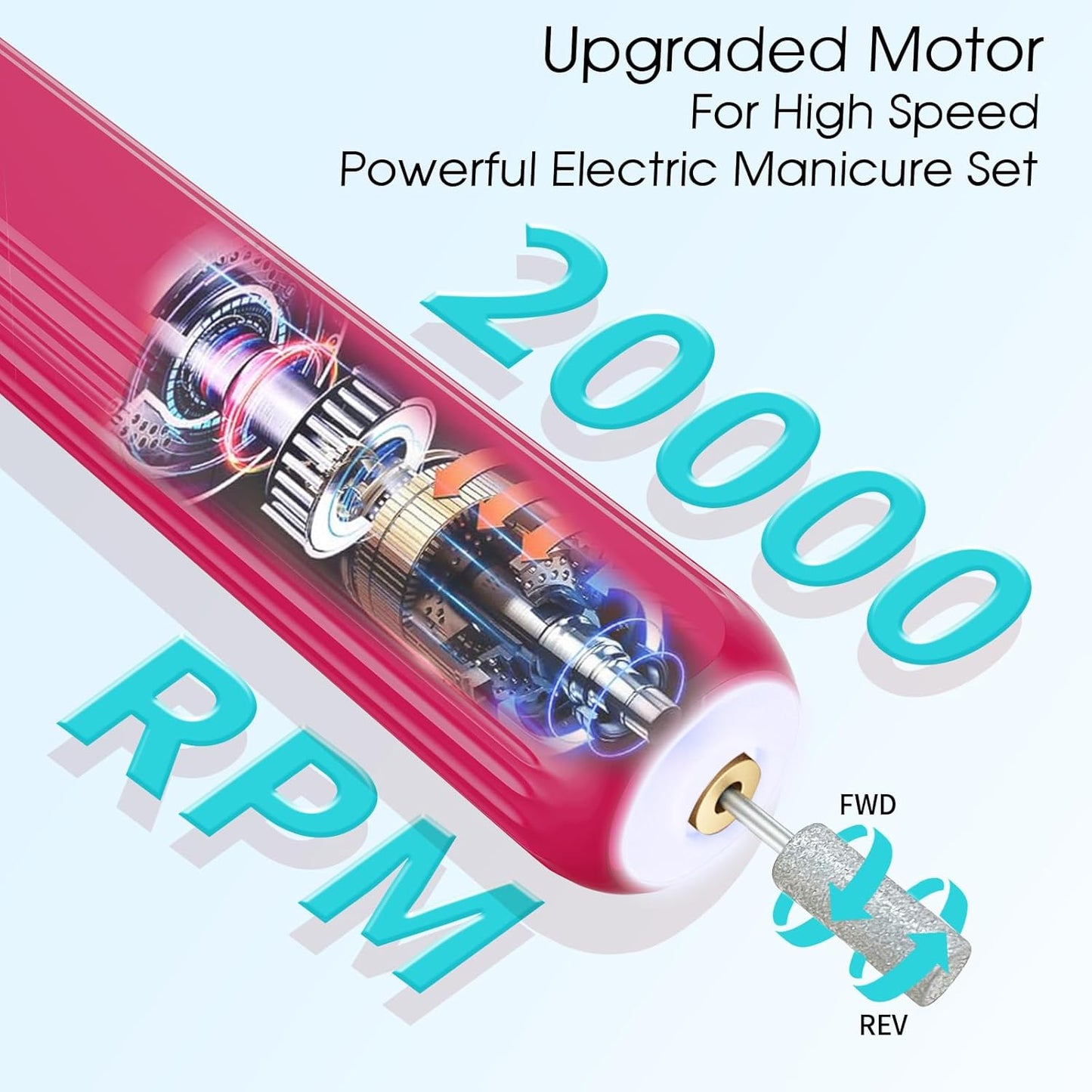 Professional Manicure Pedicure Kit -360° Light, Rechargeable Electric Nail Drill, Cordless Electric Nail File Set, 3 Speeds Hand Foot Care Nail Drill for Thick Nail Toenail Cuticle,Red