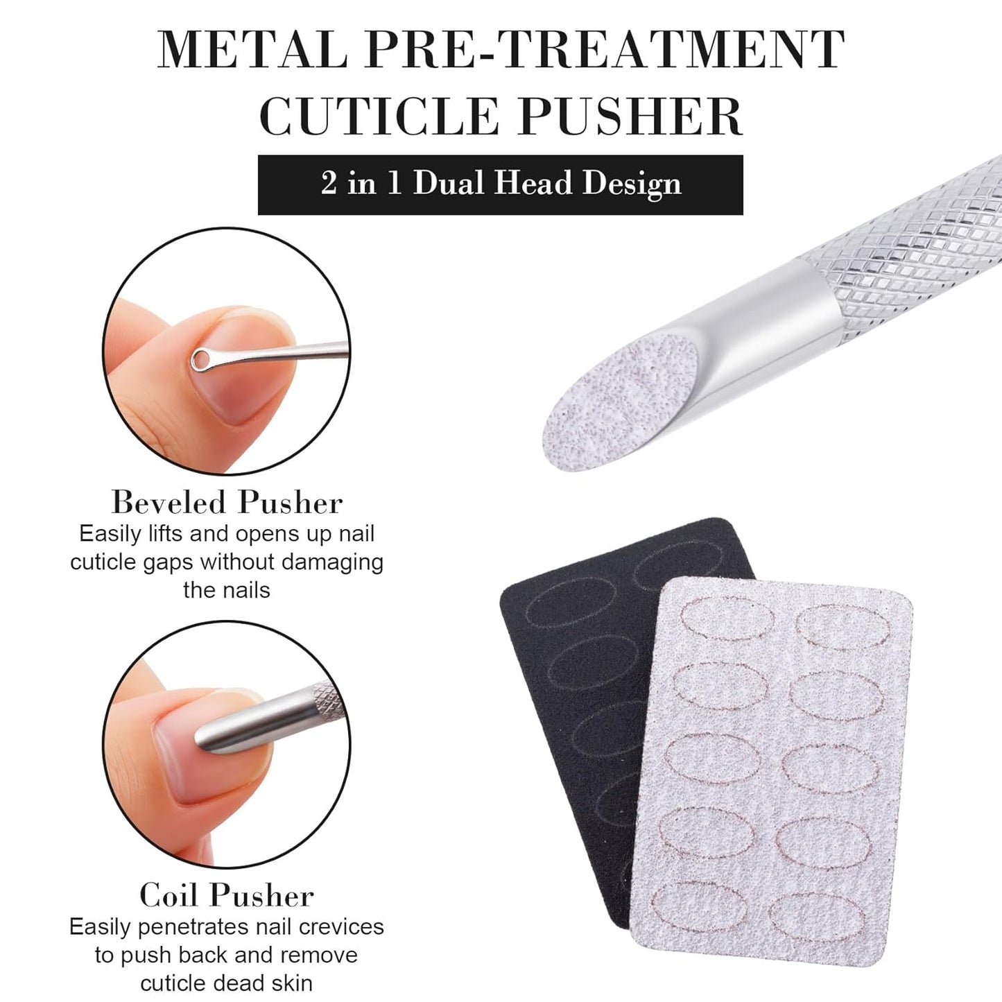 1 Pcs Cuticle Pusher Tool with 100#/240# Grit Nail Files, Metal Cuticle Tools, Stainless Steel Round Manicure Tools for Manicure Pedicure Nail Art, Salon, Home Use