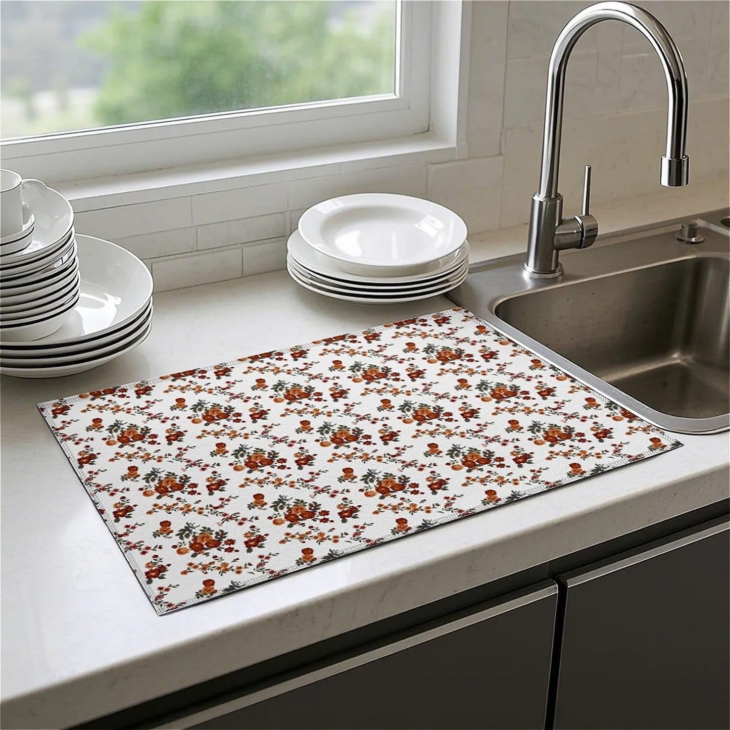 Dish Drying Mat For Kitchen Counter, Retro Brown Flowers Floral Microfiber Absorbent Dish Drainer Rack Pad Reusable Large 18x24in Drying Mat