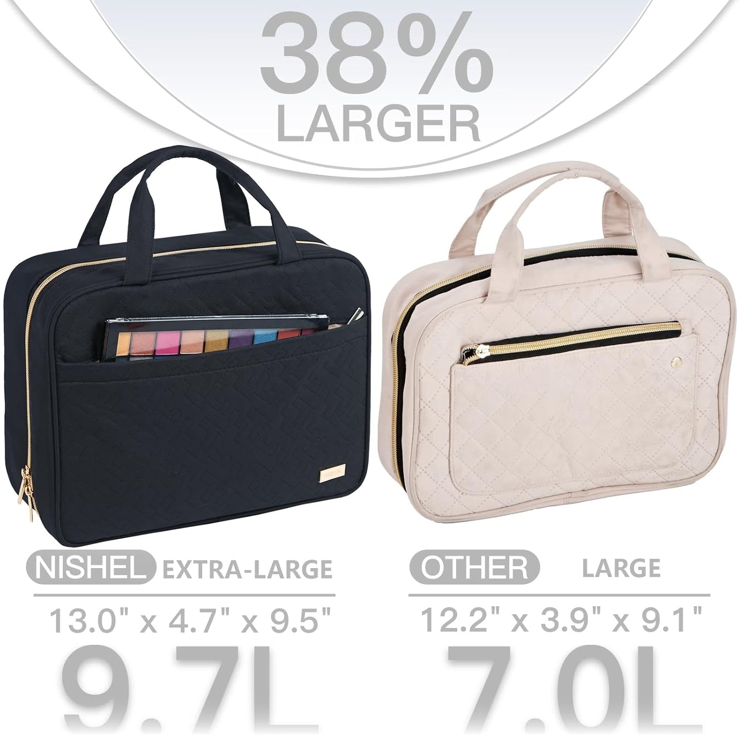 NISHEL Travel Toiletry Bag for women, Portable Hanging Organizer for Family-Sized Shampoo, Conditioner, Brushes Set, Makeup Accessories, Extra Large Size, Black