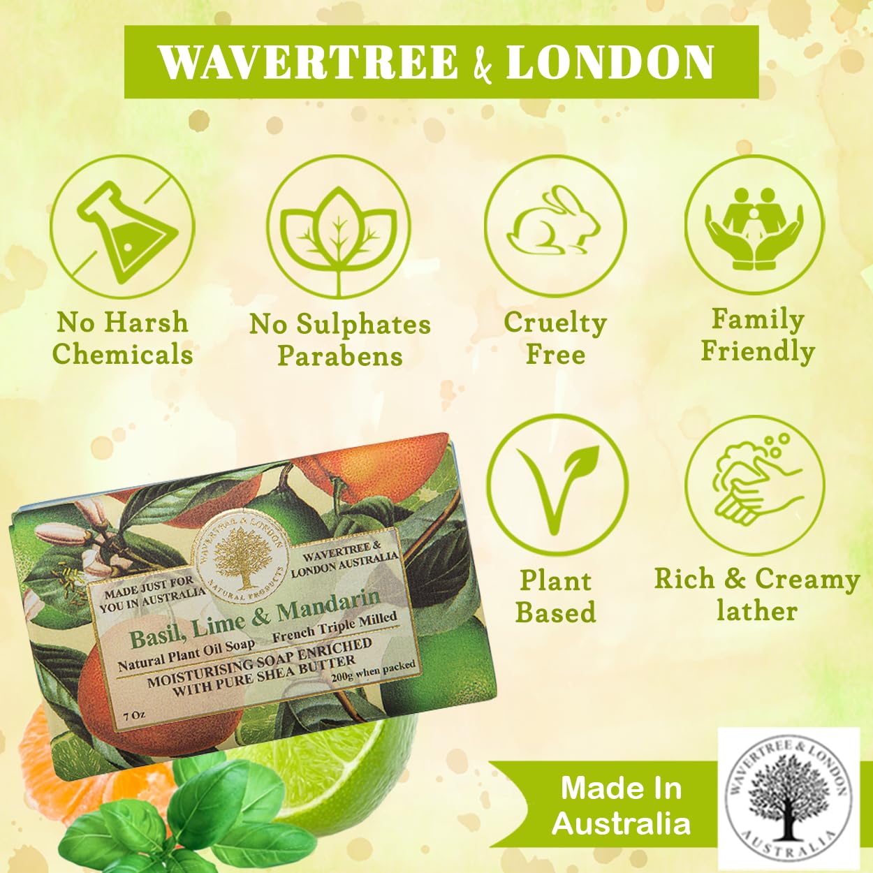 Wavertree & London Basil, Lime & Mandarin Scented Natural Soap (8 Bars), 7oz Moisturizing French Triple Milled Soap Bars enriched with shea butter - Pure Plant Oil Bath & Body Bars for All Skin Types