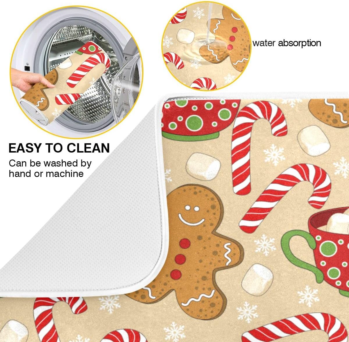 Christmas Gingerbread Man Candy Cane Dish Drying Mat for Kitchen Winter Snow Snowflake Snowman Xmas Microfiber Drying Mats Absorbent Reversible Dish Pad Large Dish Draining Mat 18x24 inch