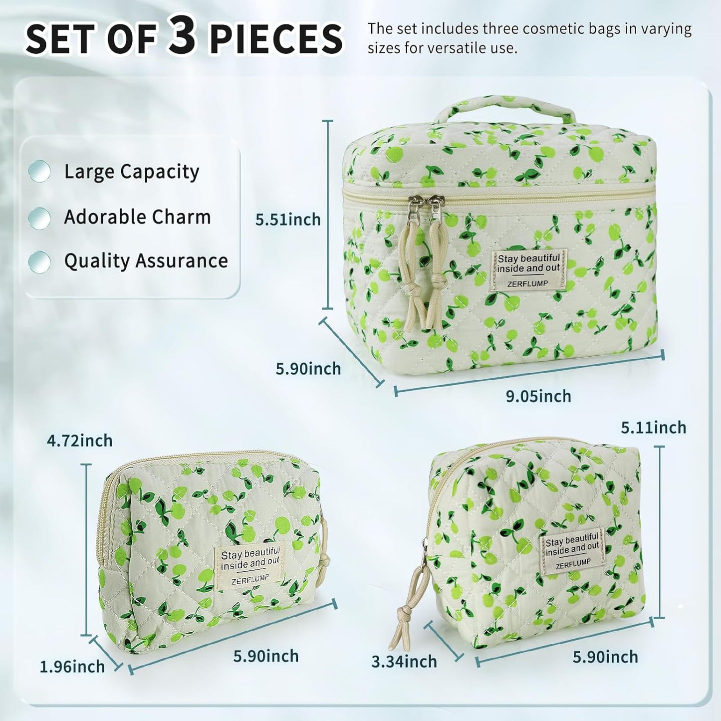 Cute Quilted Floral Makeup Bag(3Pcs)，Coquette Aesthetic Cosmetic Bag，Travel Toiletry Bags， Kawaii Aesthetic pouch for Women (6 - Green Fruit)