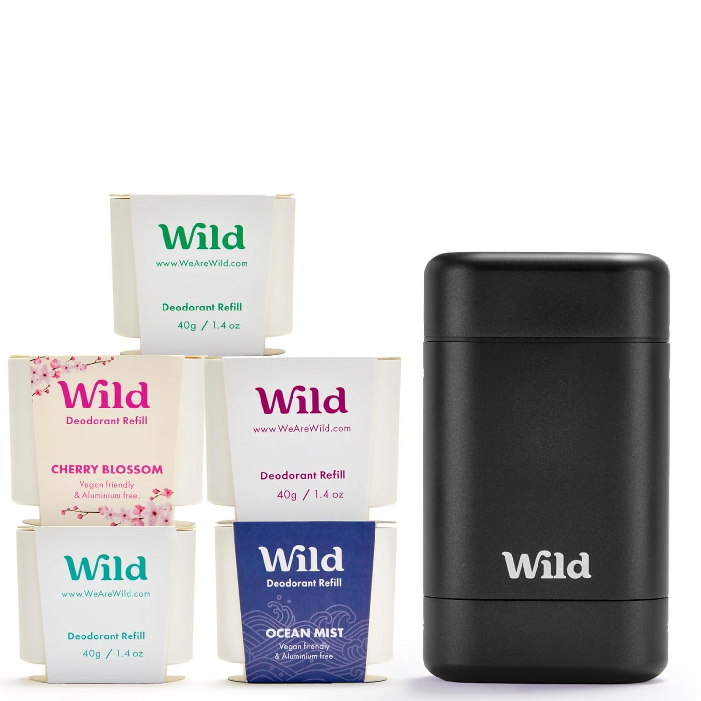 Wild - The Full Monty Starter Kit - Black Case with Refills in a Variety of Fresh Scents 5 x 1.4oz - Refillable Deodorant & Aluminum Free - Long Lasting Protection - Vegan