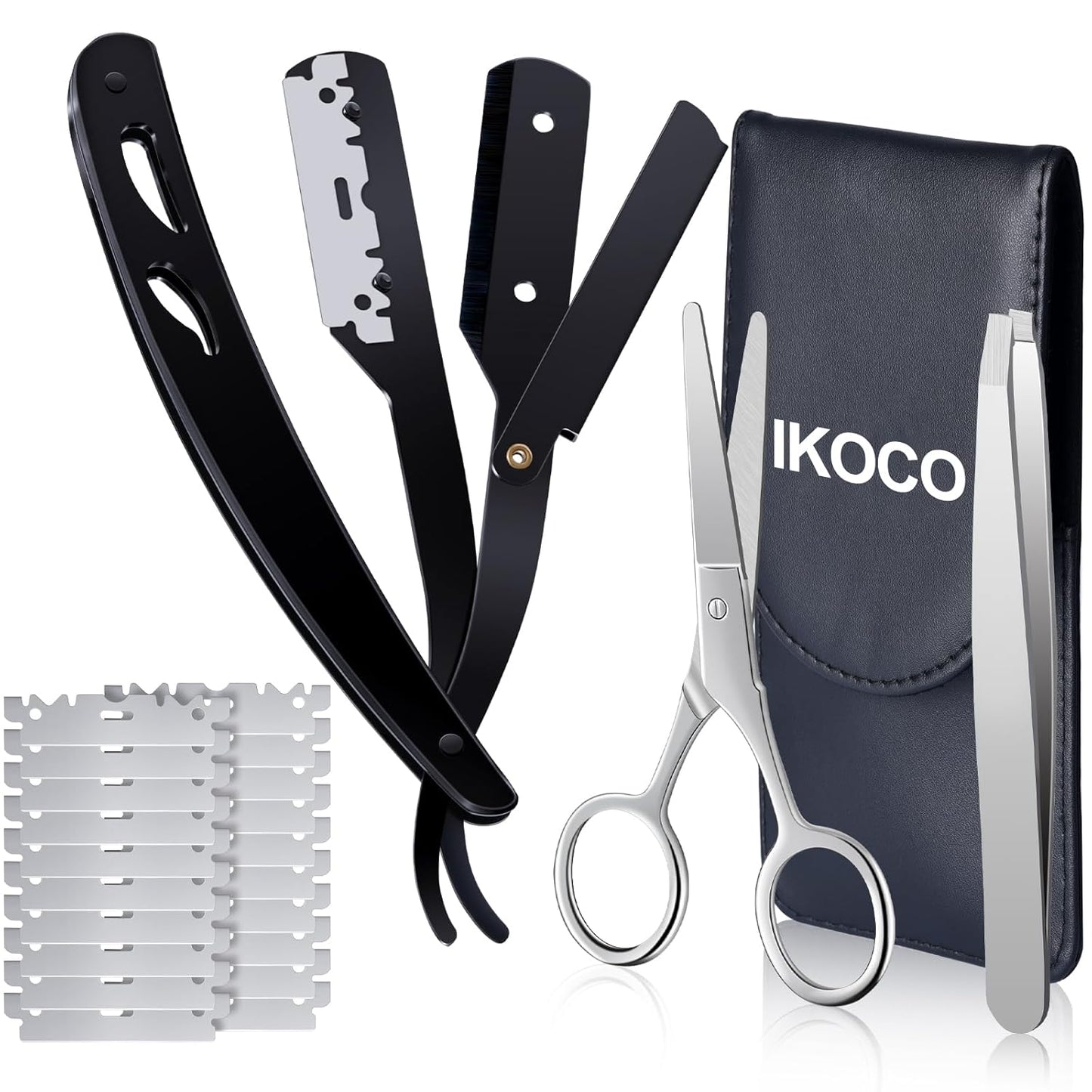 Straight Razor for Men, IKOCO Black Straight Edge Razor Kit with 20PCS Barber Shaving Blades, Leather Case, Scissor, Tweezer, Black