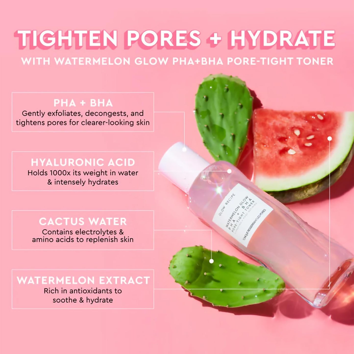 Glow Recipe PHA + BHA Face Toner - Korean Skin Care Pore Minimizer & Gentle Facial Exfoliator for Tightening, Hydrating & Exfoliating - Glycerin, Watermelon & Cactus Water (150ml)