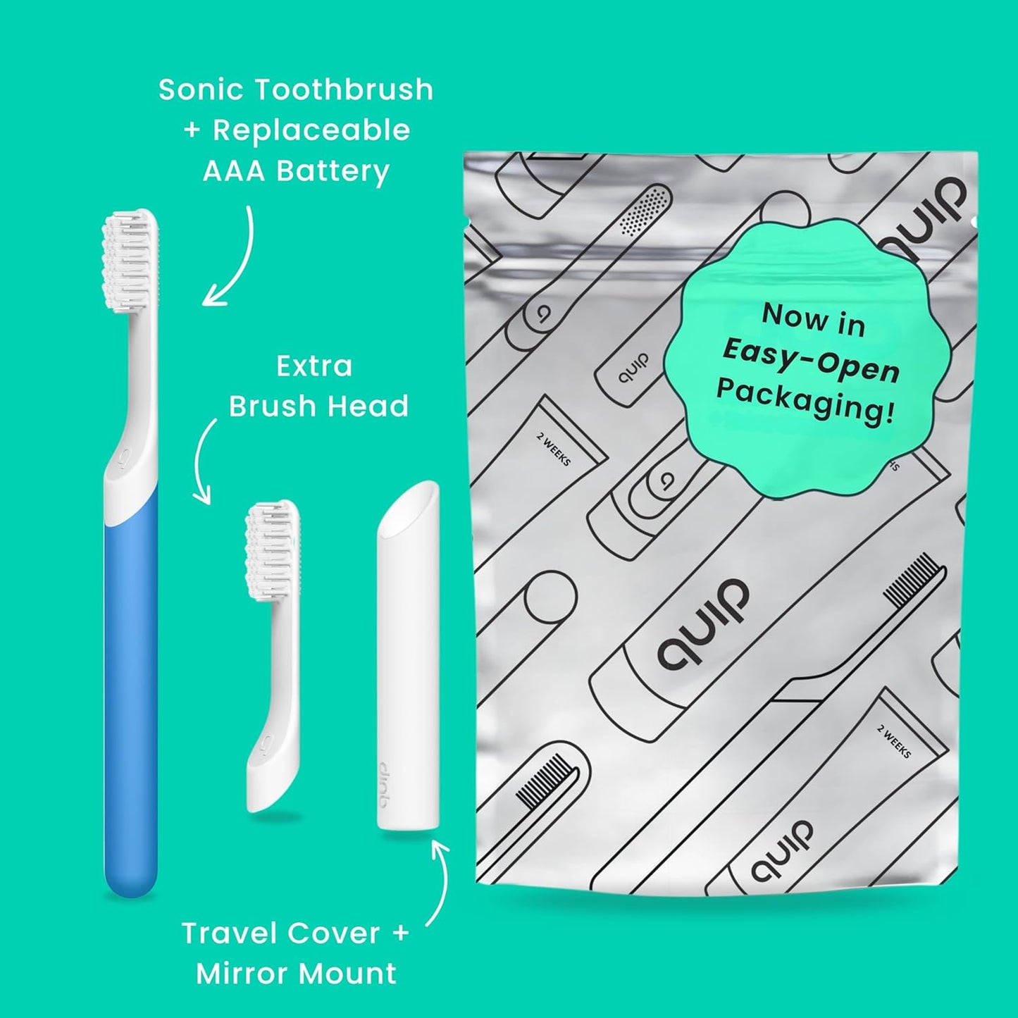Quip Plastic Sonic Electric Toothbrush for Adults - Time Travel & Soft Bristles with Travel Case & Replacement Brush Head - 3 Month Battery Life - Blue