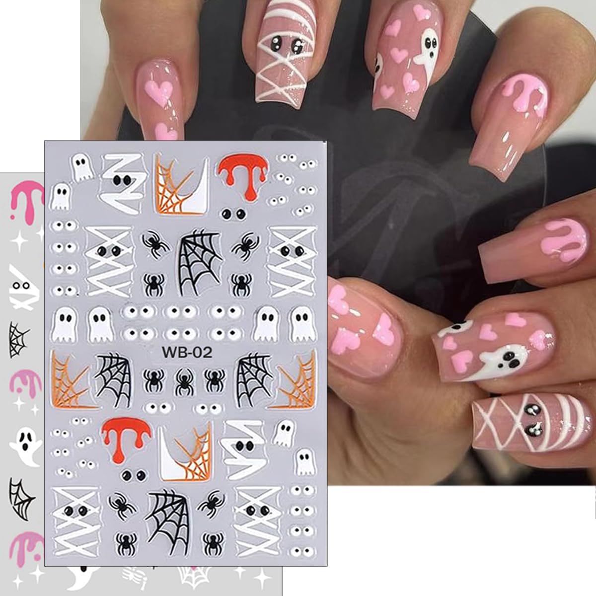 8 Sheets Nail Cute Ghost Nail Stickers for Nail Art 3D Self-Adhesive Pink Spider Web Pumpkin French Nail Art Decals Halloween Nail Art Supplies Goth Eye Starlight Nail Decals for Women DIY Manicure