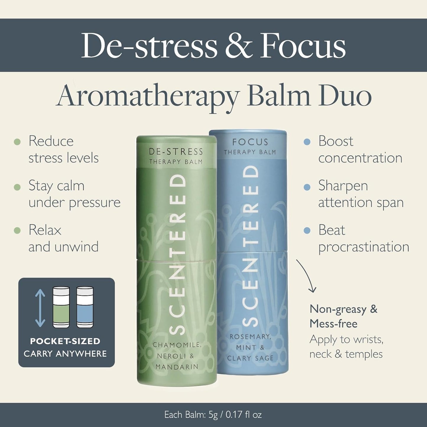 Scentered Aromatherapy Balm Stick Duo for Stress-Relief & Focus - Roll On Essential Oil Blends of Rosemary, Mint, Chamomile - Aromatherapy Gifts for Women - De-Stress & Focus