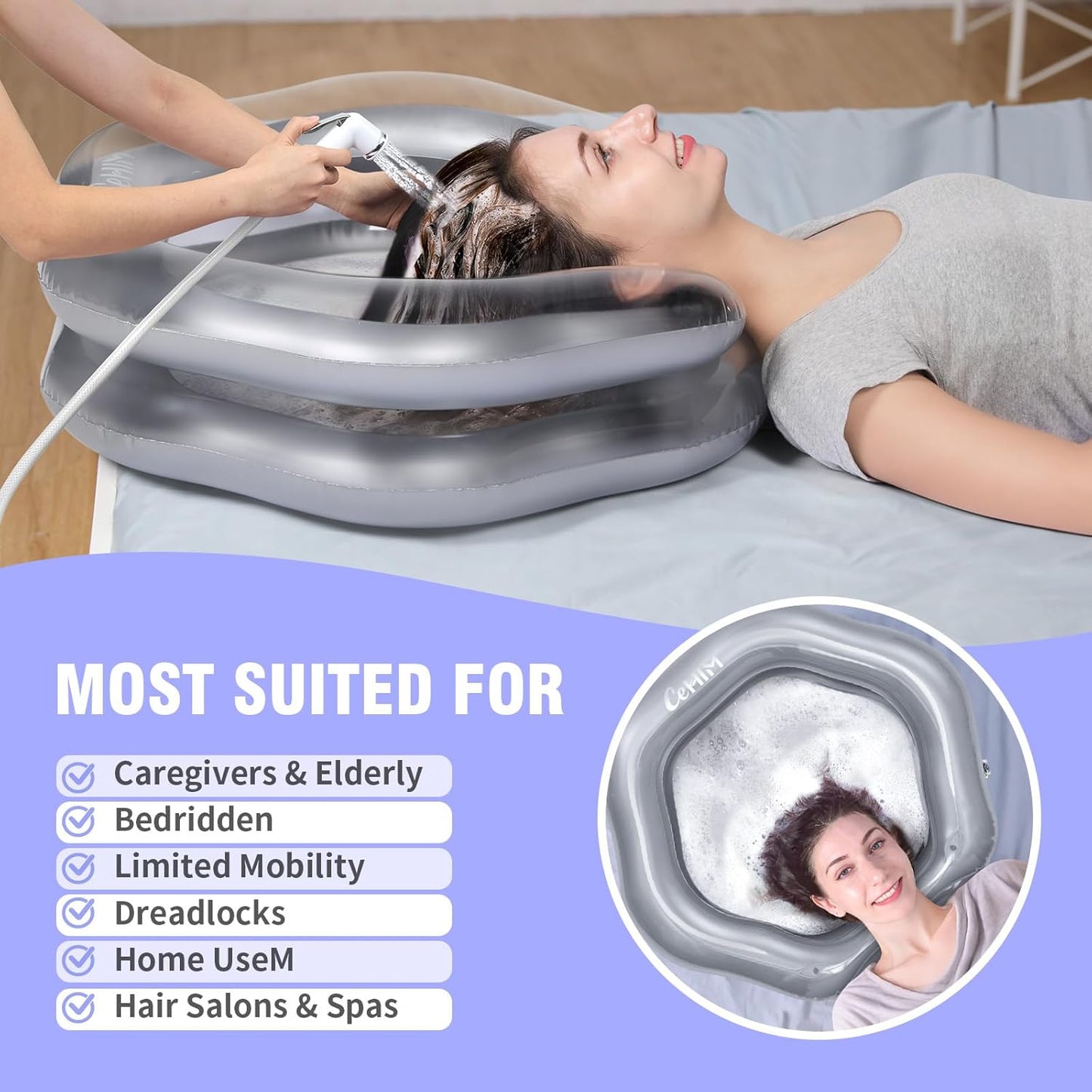Inflatable Shampoo Basin for Bedridden, Elderly & Disabled - Petal-Shape Large Size, 360° Neck Support, Central Drain Hole with Pull Ring | Leak-Proof PVC Portable Hair Washing Bowl (Silver)