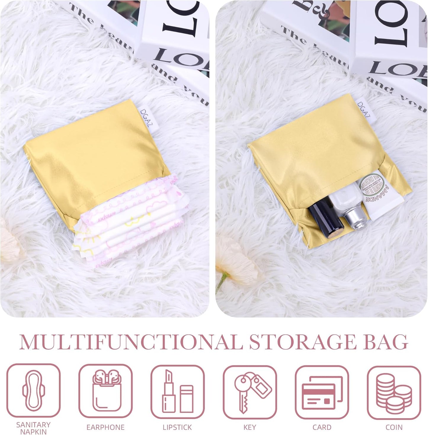 DGAZ Silk Sanitary Napkin Storage Bag, Period Bags for Teen Aged Girls, Portable for Panty Liners/Menstrual Cup/Small Tampons，Mini Makeup Bags for Purse(Mimosa)