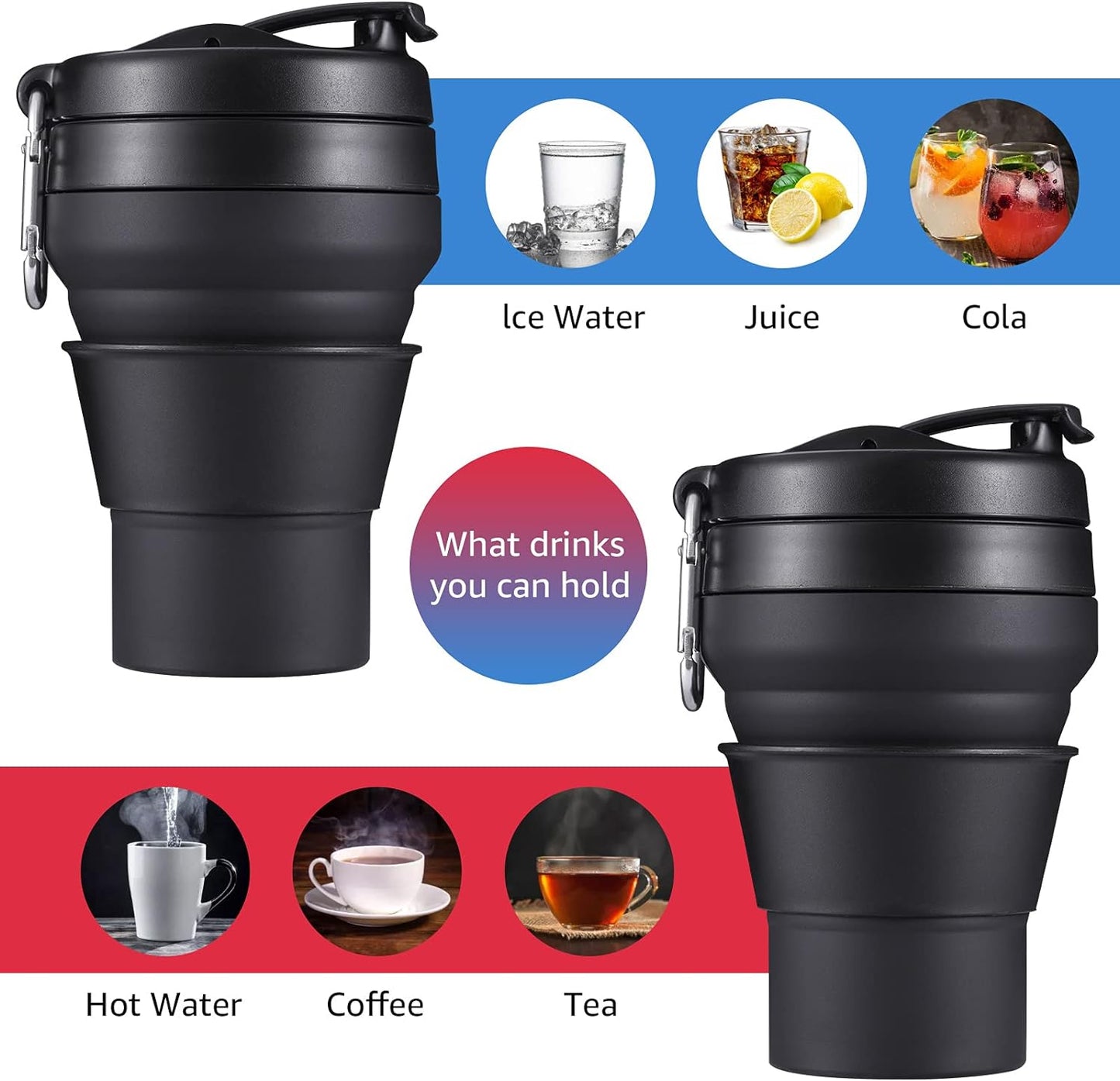 Collapsible Cup for Traveling, 20 OZ 600ml Large Silicone Folding Camping Mug, Leak Proof BPA Free Portable Reusable Bottle for Coffee, Tea, Water, Camping, Hiking, Outdoor (Black)