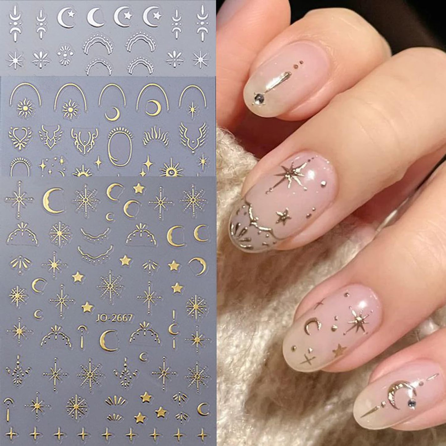12 Sheets Metallic Moon Star Nail Art Stickers Decals Luxury Golden Silver Nail Stickers Sun Stars Moon Nail Art Design with Starlight Moon Charm Nail Adhesive Sliders for Women Manicure Decoration