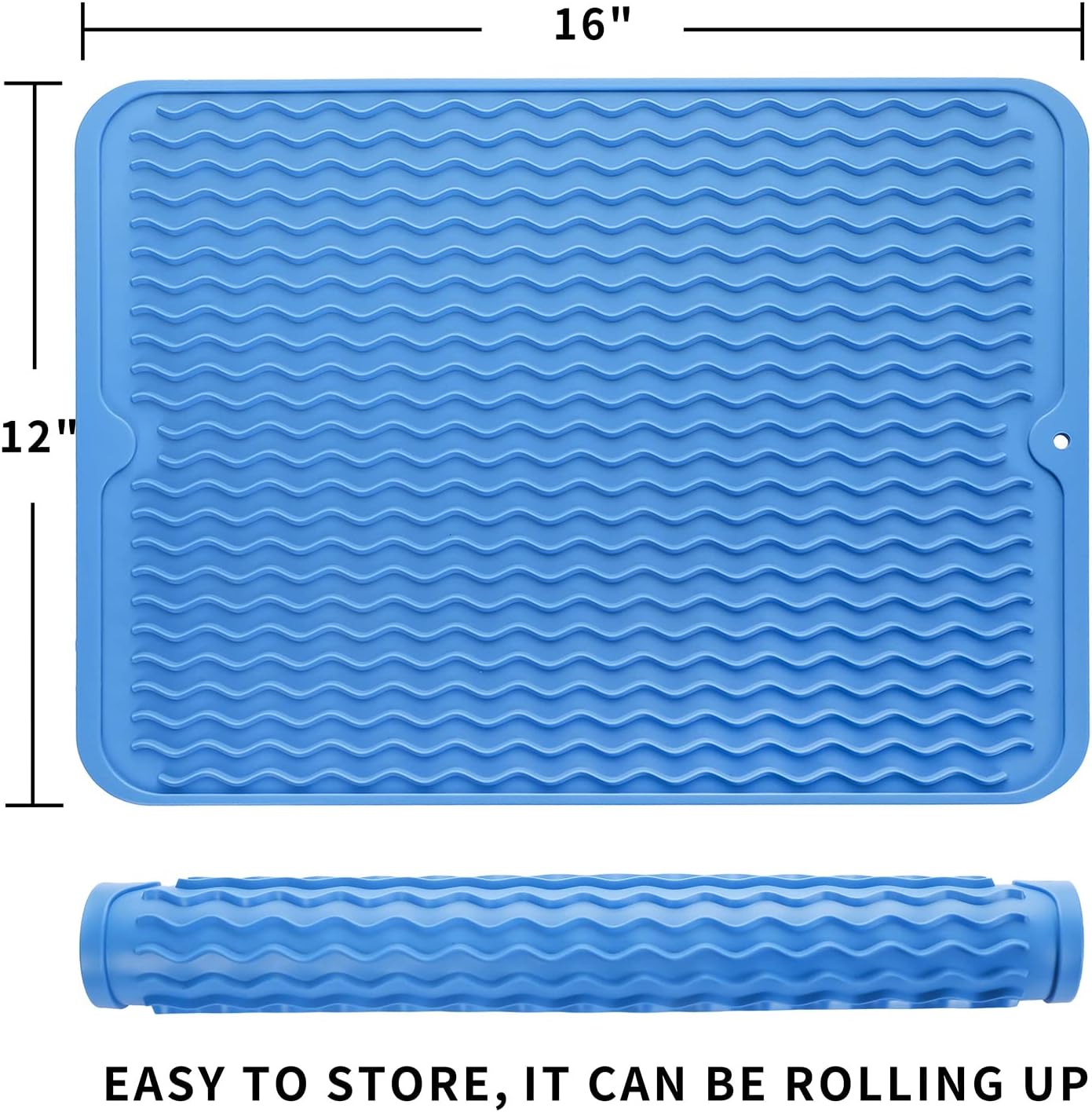 Silicone Dish Drying Mat for Multiple Usage,Easy clean,Eco-friendly,Heat-resistant Silicone Mat for Kitchen Counter or Sink,Refrigerator or drawer liner Lichen BlueL L 16 inches x 12 inches