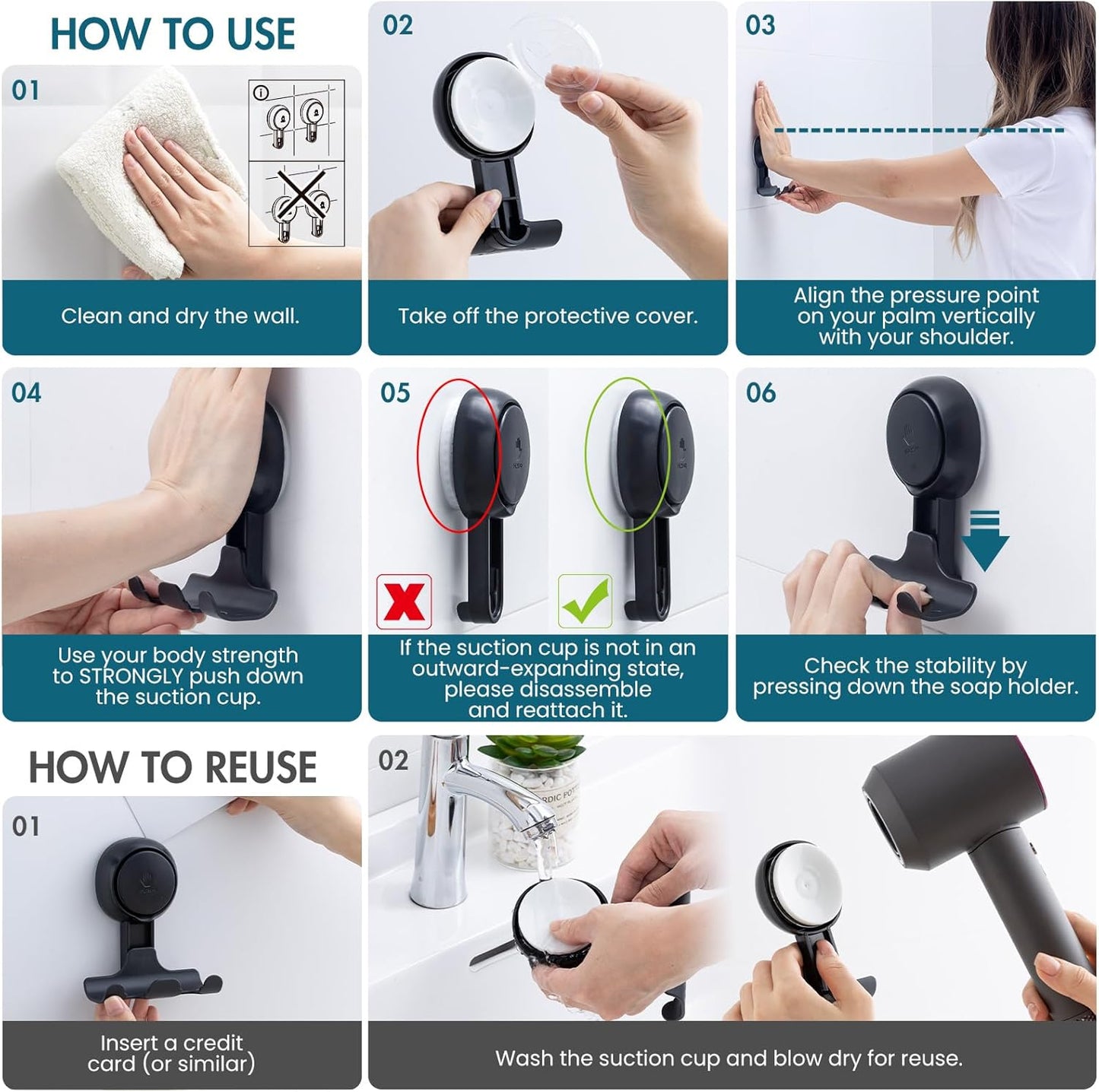 TAILI Suction Cup Razor Holder for Shower 2 Pack, Towel, Loofah, Shaver Holder for Shower Wall, Powerful Suction Cup Hooks for Inside Bathroom, Easy to Install and Reuse, Black