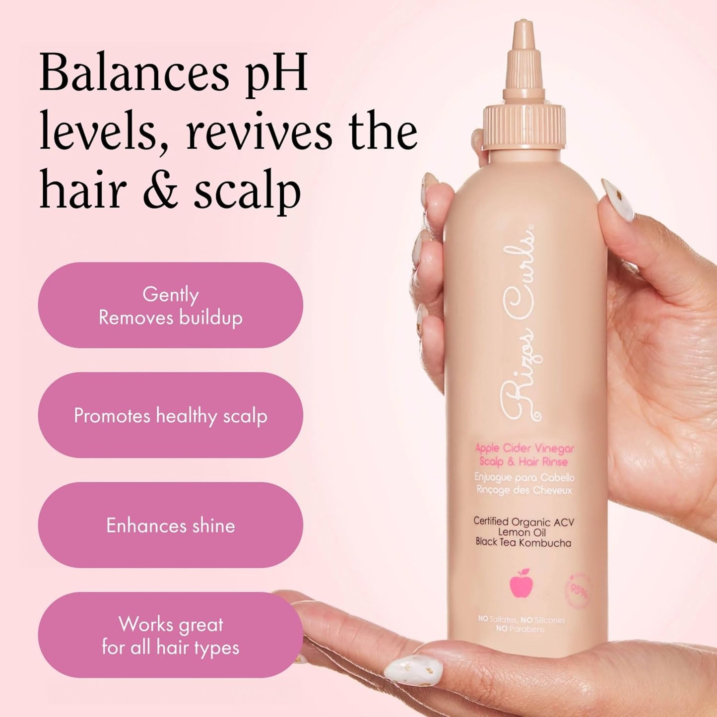 Rizos Curls Travel Apple Cider Vinegar Scalp & Hair Rinse, Clarifies to Remove Product Buildup, Balance Oils, Revive Hair & Scalp, Enhances Softness & Shine, 2.5 oz