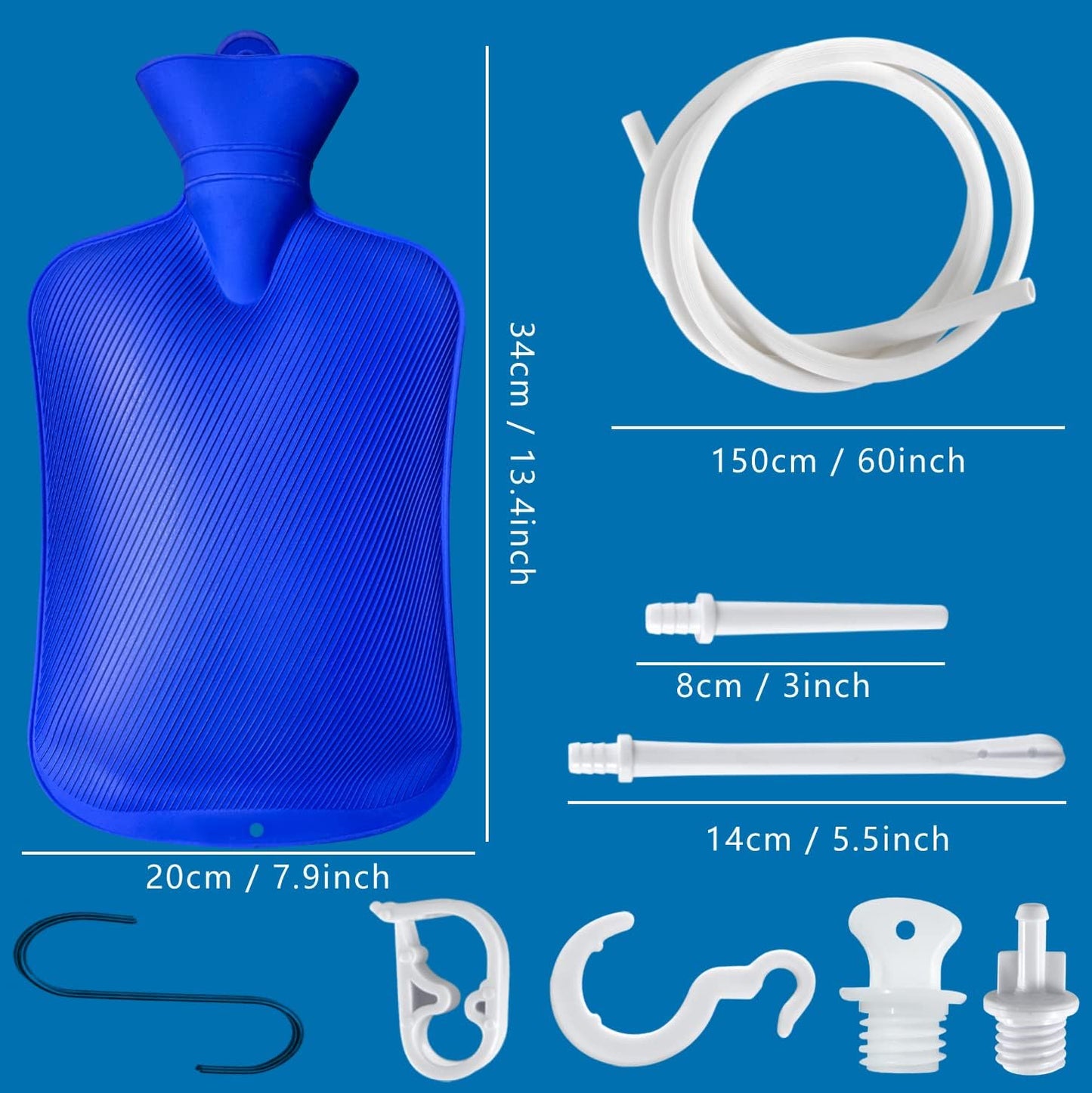 2 L Home Enema Bag Kit with 2 Enema Tips,60 inch Long Silicone Hose, Controlable Water Flow Valve, Hot-Water Bottle for Colon Cleansing Enemas（Blue）