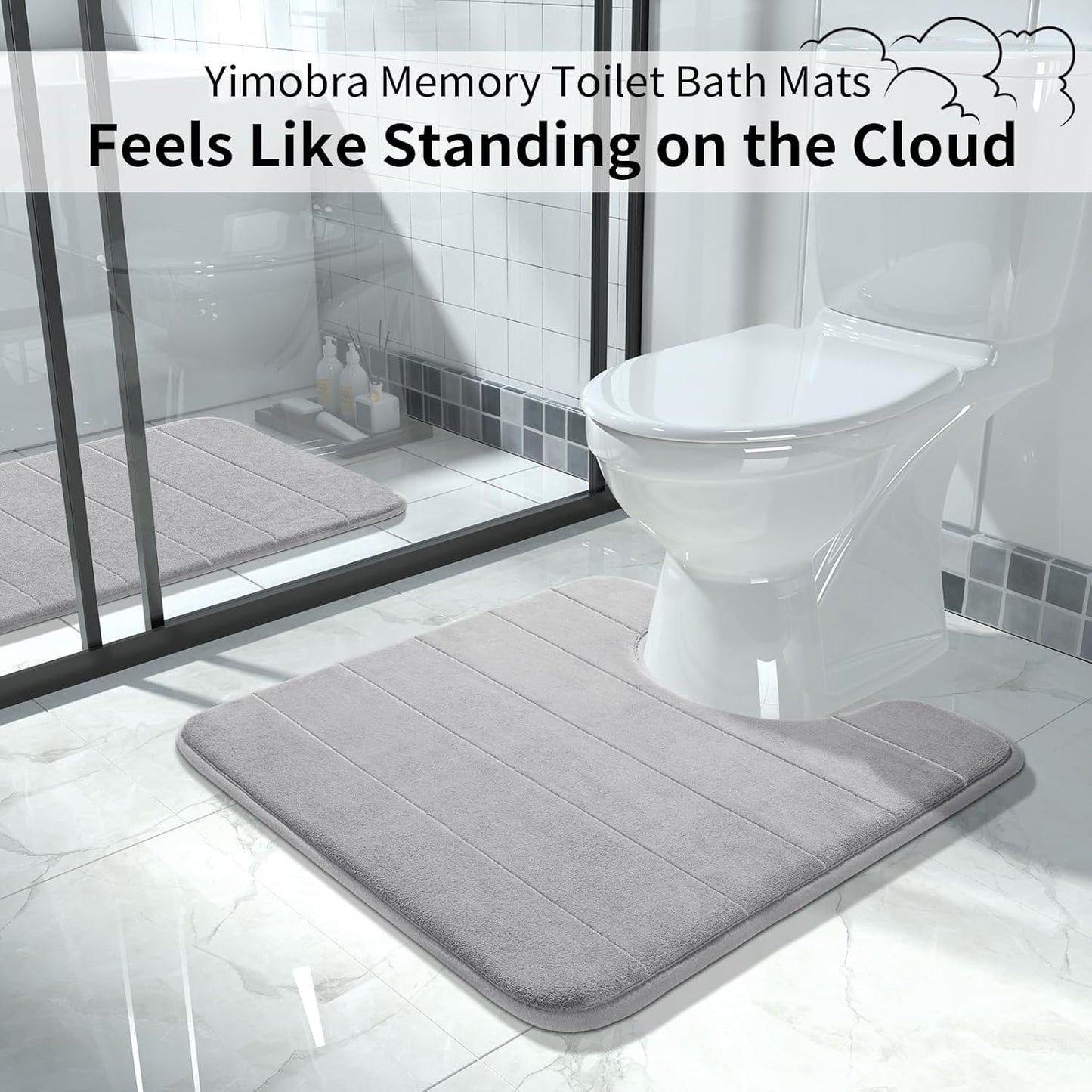Yimobra Memory Foam Toilet Bath Mat U-Shaped, Soft and Comfortable, Super Water Absorption, Non-Slip, Thick, Machine Wash and Easier to Dry for Bathroom Commode Contour Rug, 24 X 24 Inches, Gray