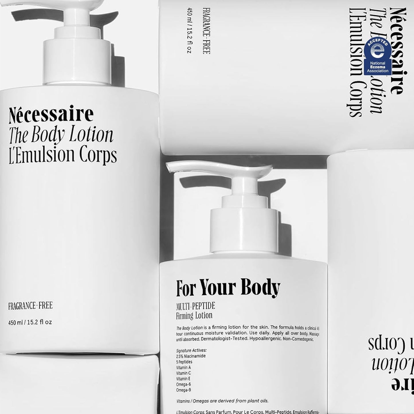 Nécessaire The Body Lotion with Pump. Fragrance-Free. Multi-Peptide Firming Lotion to Moisturize, Firm, Strengthen. 2.5% Niacinamide, Vitamin C/E + Omega 6/9. 450ml / 15.2 fl oz