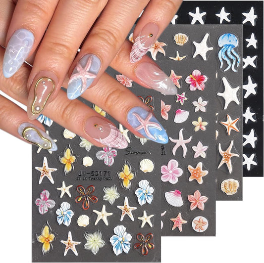 5D Embossed Ocean Nail Stickers, Summer Hibiscus Flowers Sticker for Nails Art Self-Adhesive Floral Decals Starfish Sea Shell Jellyfish Tropical Nail Stickers Pegatinas para Uñas