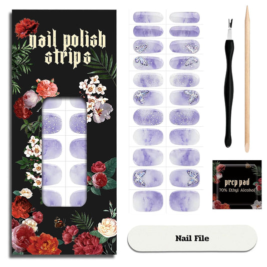 Nail Polish Strips - 22 Pcs Salon Quality Gel Nail Stickers - Long Lasting Wraps (Butterflies Dreamweaver Violet)