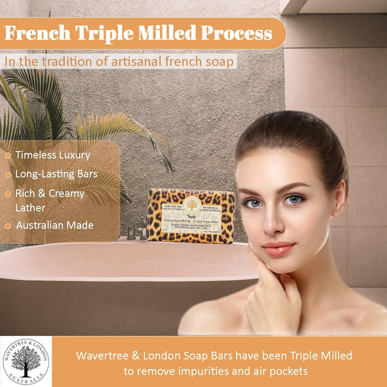 Wavertree & London Noir Scented Natural Soap Bar, 7oz Moisturizing French Triple Milled Soap Bar for Women & Men