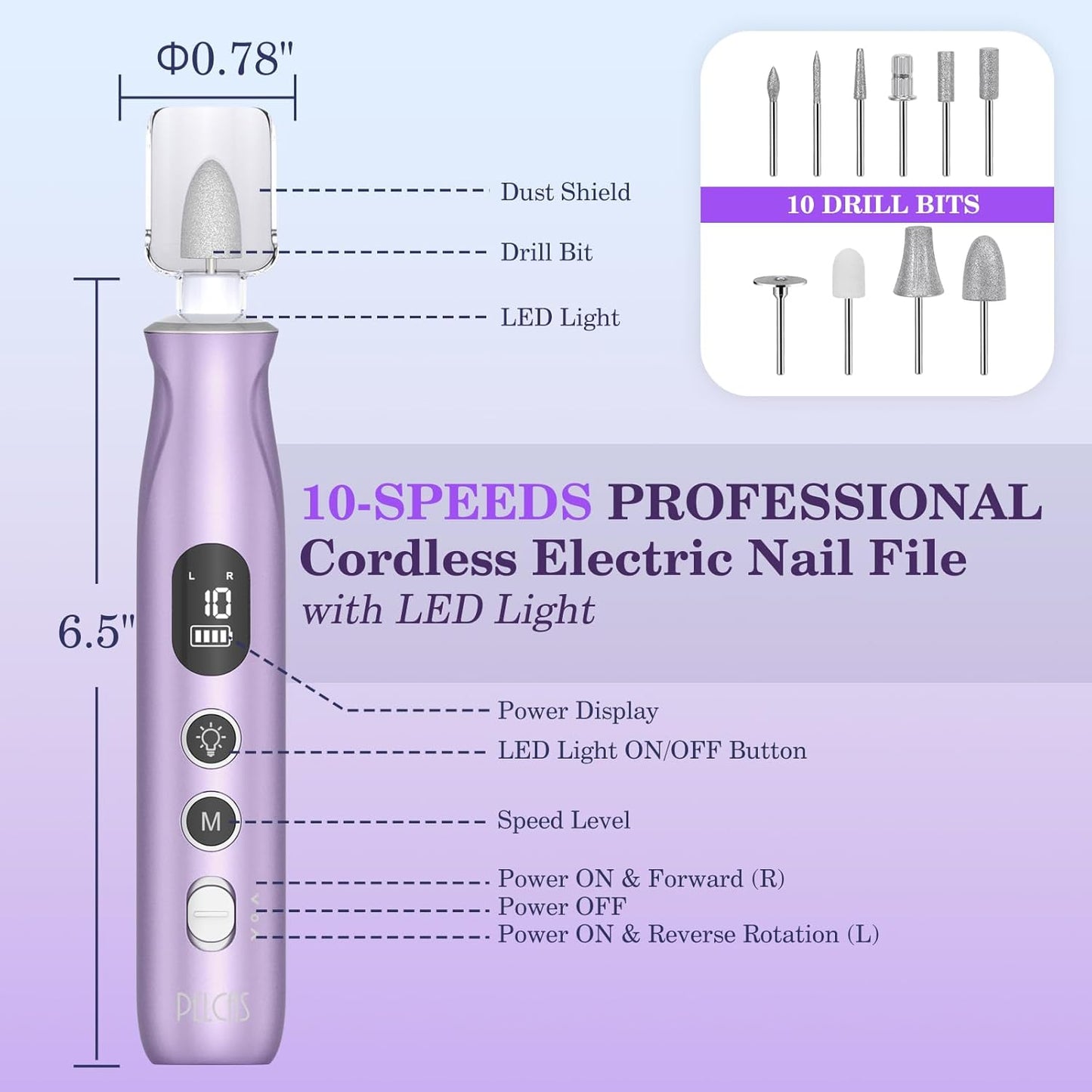 PELCAS Electric Nail Drills, 10 Speeds Cordless Nail File with LED Light, Portable Manicure & Pedicure Kit, Nail Grinder with LCD Screen for Human, Pet, Thick Toenails, Natural & Acrylic Nails Purple